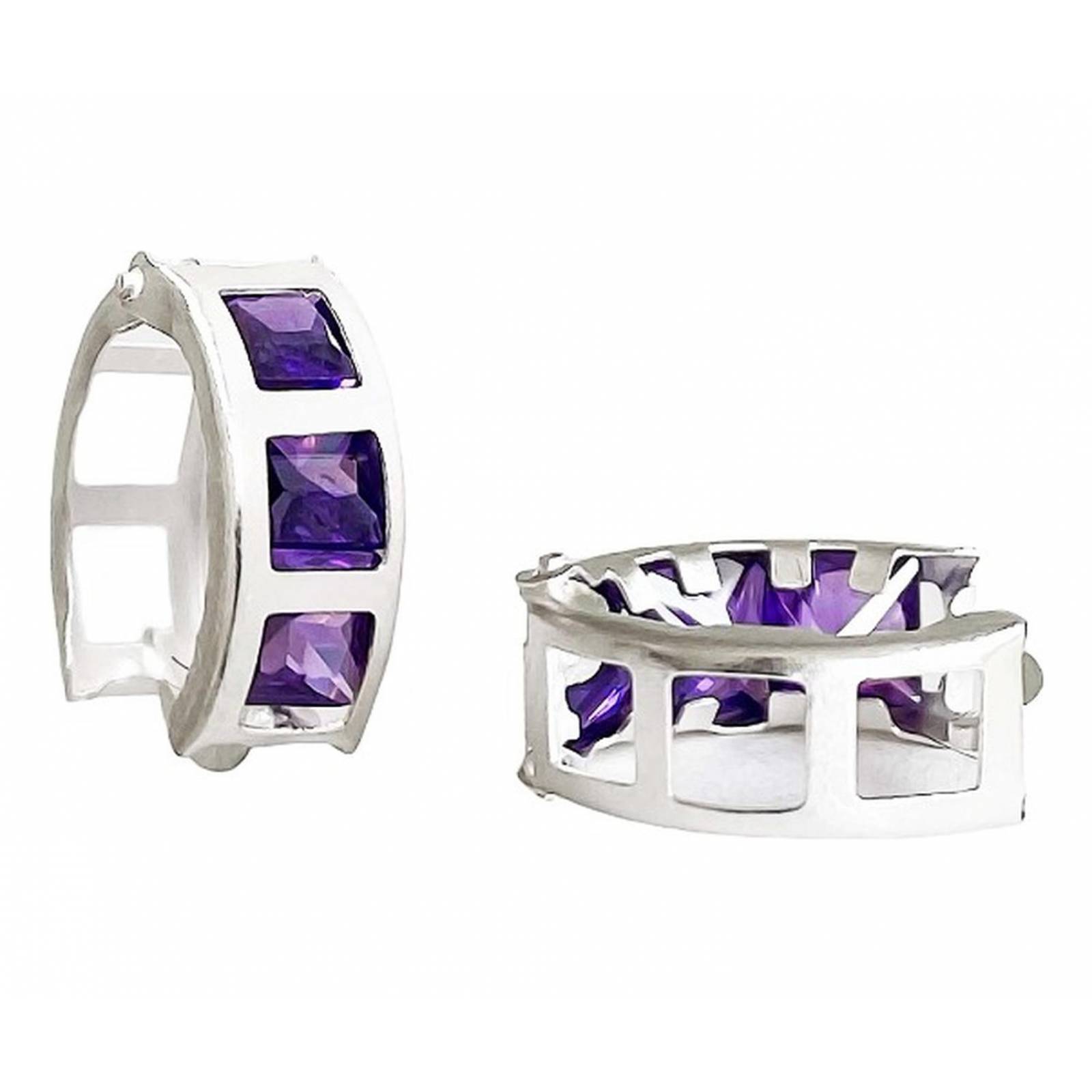 Aretes Huggies Arracadas 3 Zirconias Regalo Plata Ley 925 Violeta Alto/Ancho: 0.5 cm x  1.2 cm