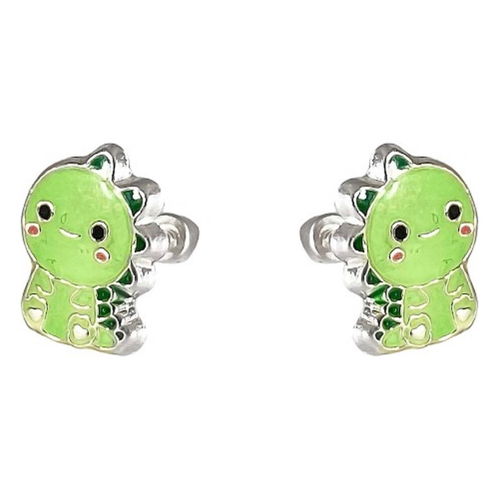 Aretes De Dinosaurio Niña Mujer Regalo Colores Plata Ley 925 Verde Alto/Ancho: 0.9 cm x  0.6 cm