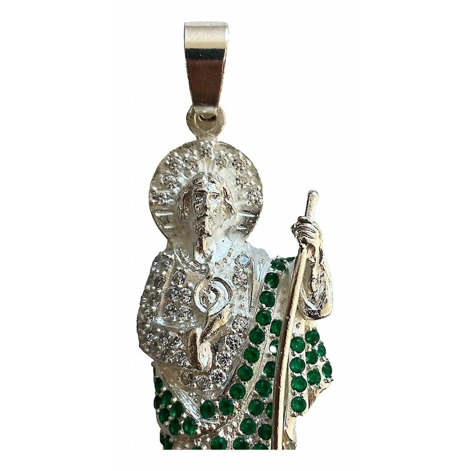 Dije Medalla San Judas Tadeo Grande Zirconias Plata 925 Alto/Ancho: 7.5 cm x 2.5 cm Verde