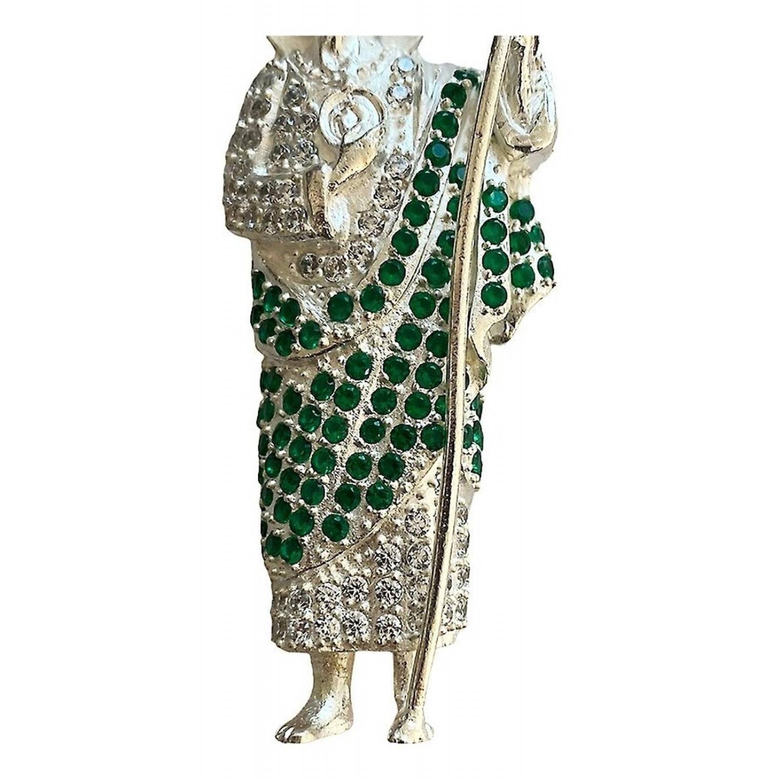 Dije Medalla San Judas Tadeo Grande Zirconias Plata 925 Alto/Ancho: 7.5 cm x 2.5 cm Verde