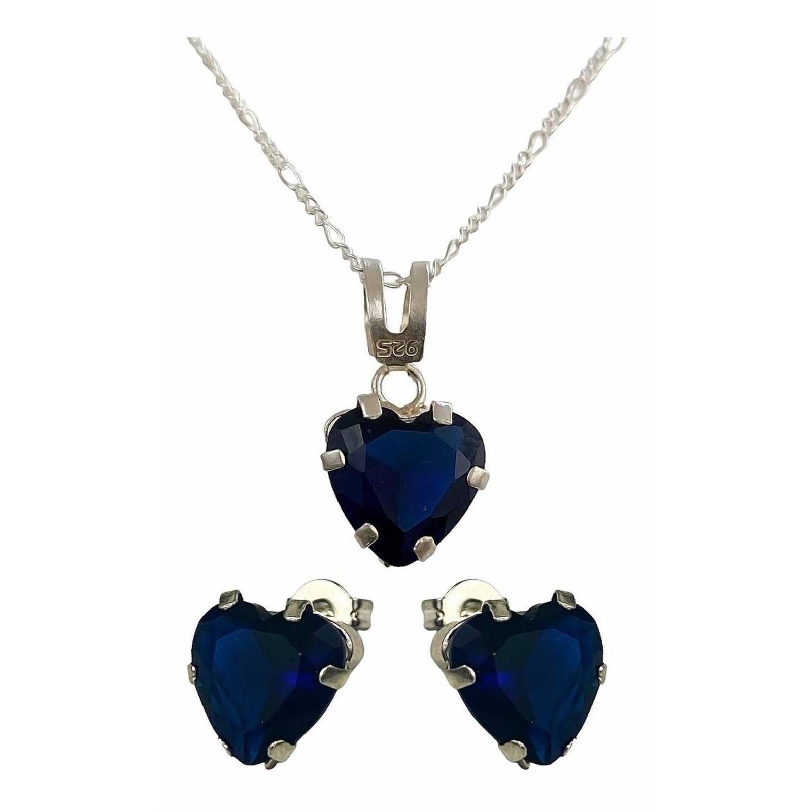 Juego Aretes Corazón Zirconia + Dije + Cadena Plata 925 Azul Alto/Ancho: 0.8 cm x 0.8 cm