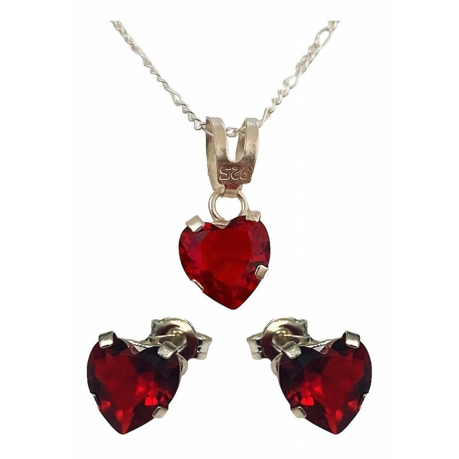 Juego Aretes Corazón Zirconia + Dije + Cadena Plata 925 Rojo Alto/Ancho: 0.8 cm x  0.8 cm