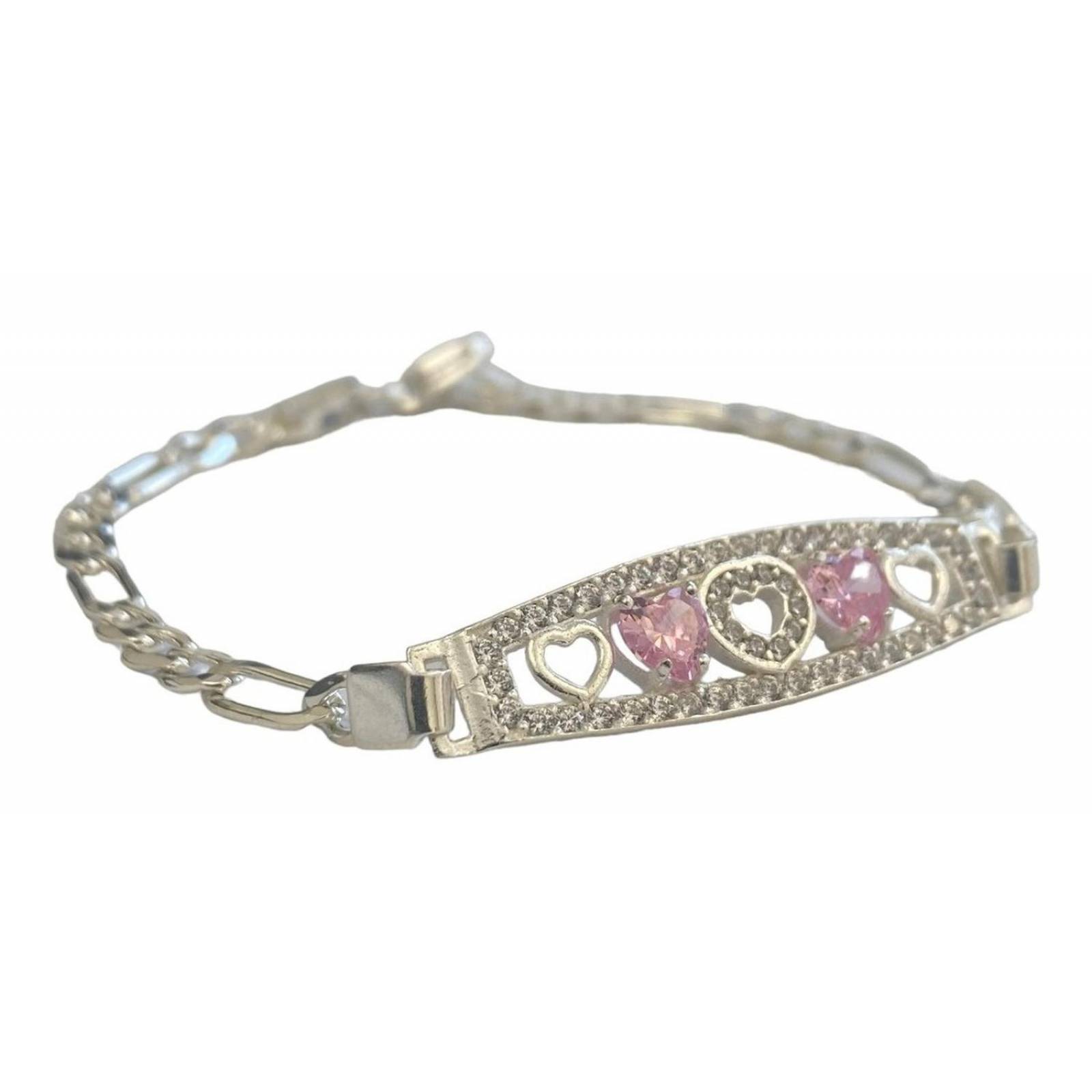 Pulsera Amistad Amor Corazon Con Zirconias Regalo Plata 925 6 cm - 18 cm Rosa Largo/Ancho: 18 cm  x 3.5 mm