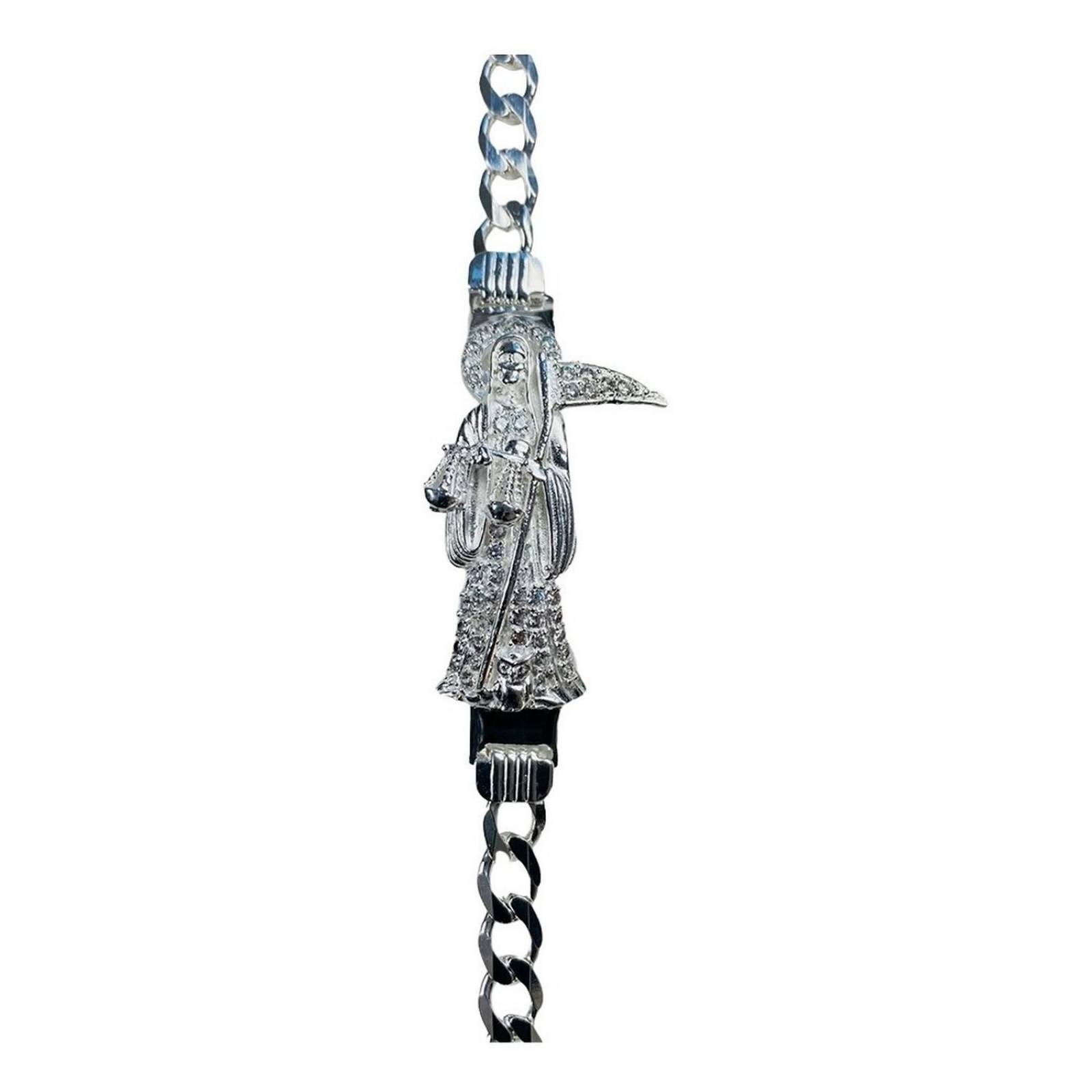 Pulsera Santa Muerte Esclava Zirconias Plata Solida Ley 925 Largo/Ancho: A elección x 7 mm 6 cm - 19.5 cm Plateado