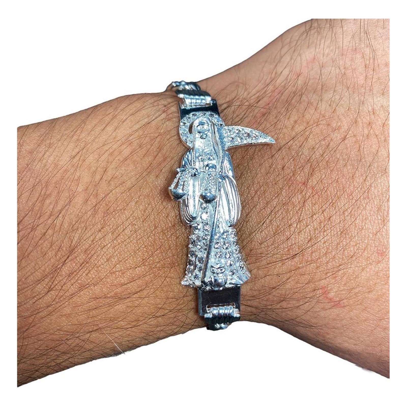 Pulsera Santa Muerte Esclava Zirconias Plata Solida Ley 925 Largo/Ancho: A elección x 7 mm 6 cm - 19.5 cm Plateado