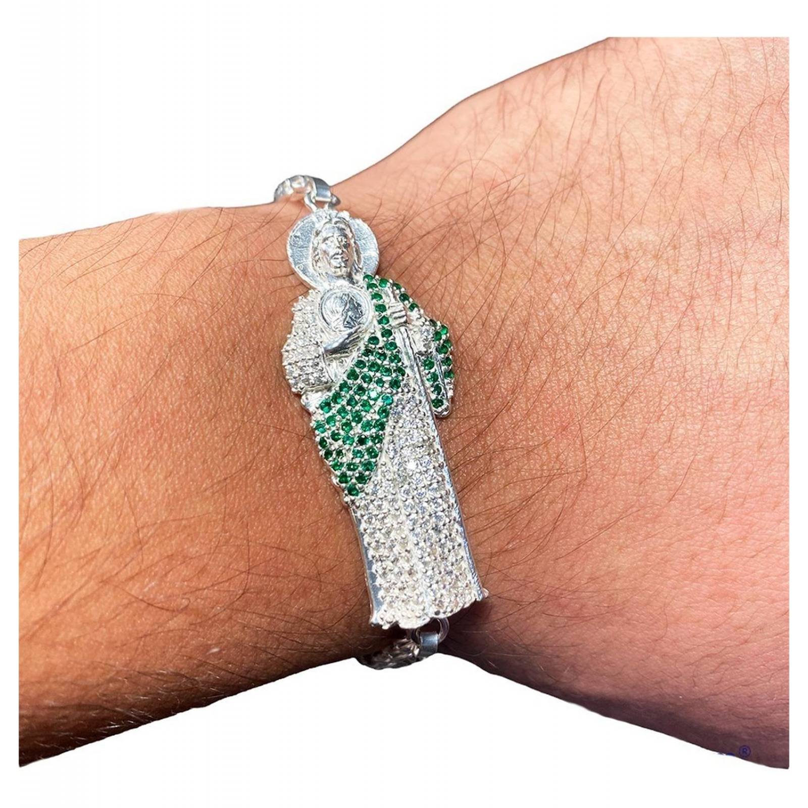 Pulsera San Judas Tadeo Esclava Plata Solida Ley 925 Verde 2 Largo/Ancho: 20 cm x 5 mm 6 cm - 20 cm