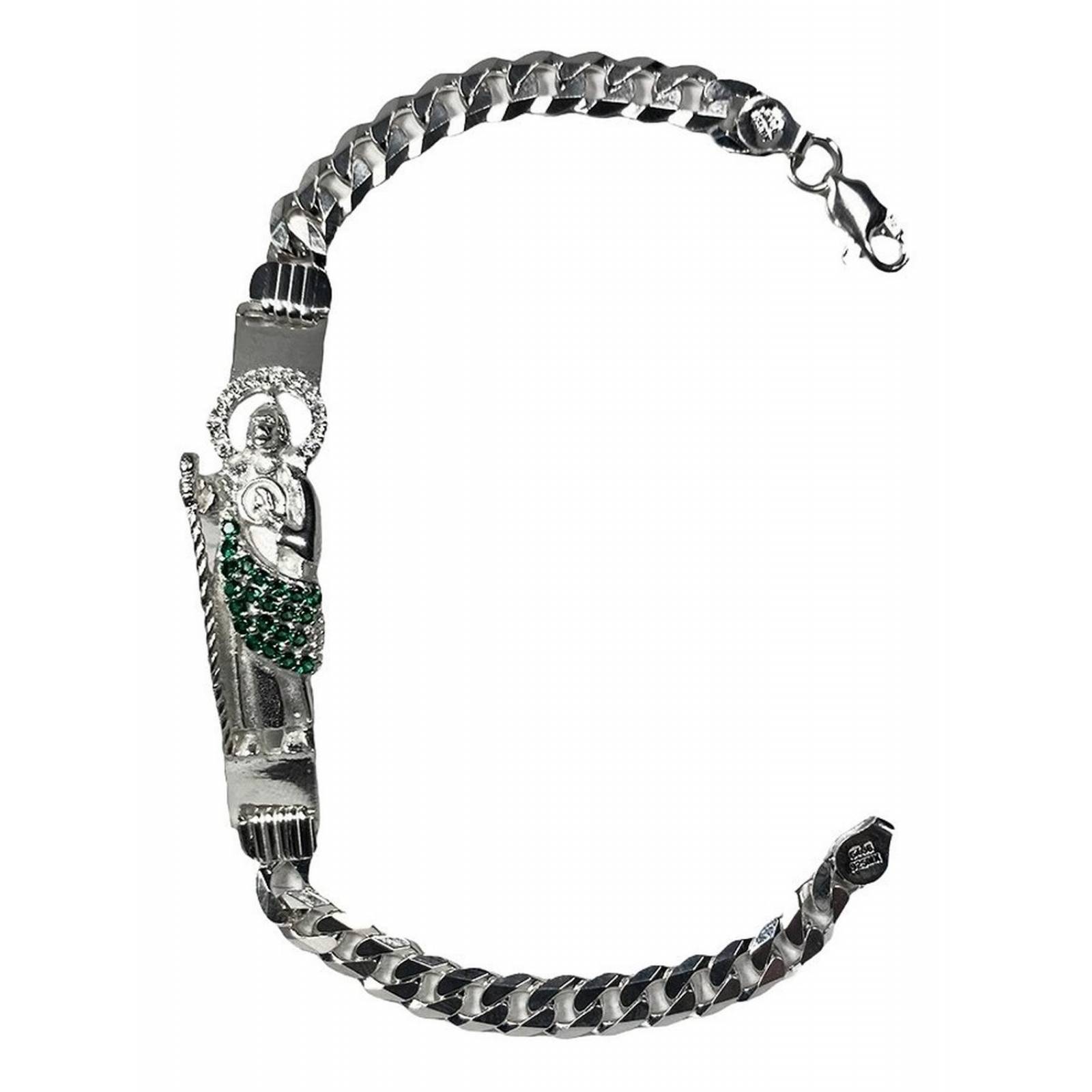 Pulsera San Judas Tadeo Esclava Plata Solida Ley 925 Largo/Ancho: 21 cm x 5 mm Verde barbada cerrada 6 cm - 21 cm