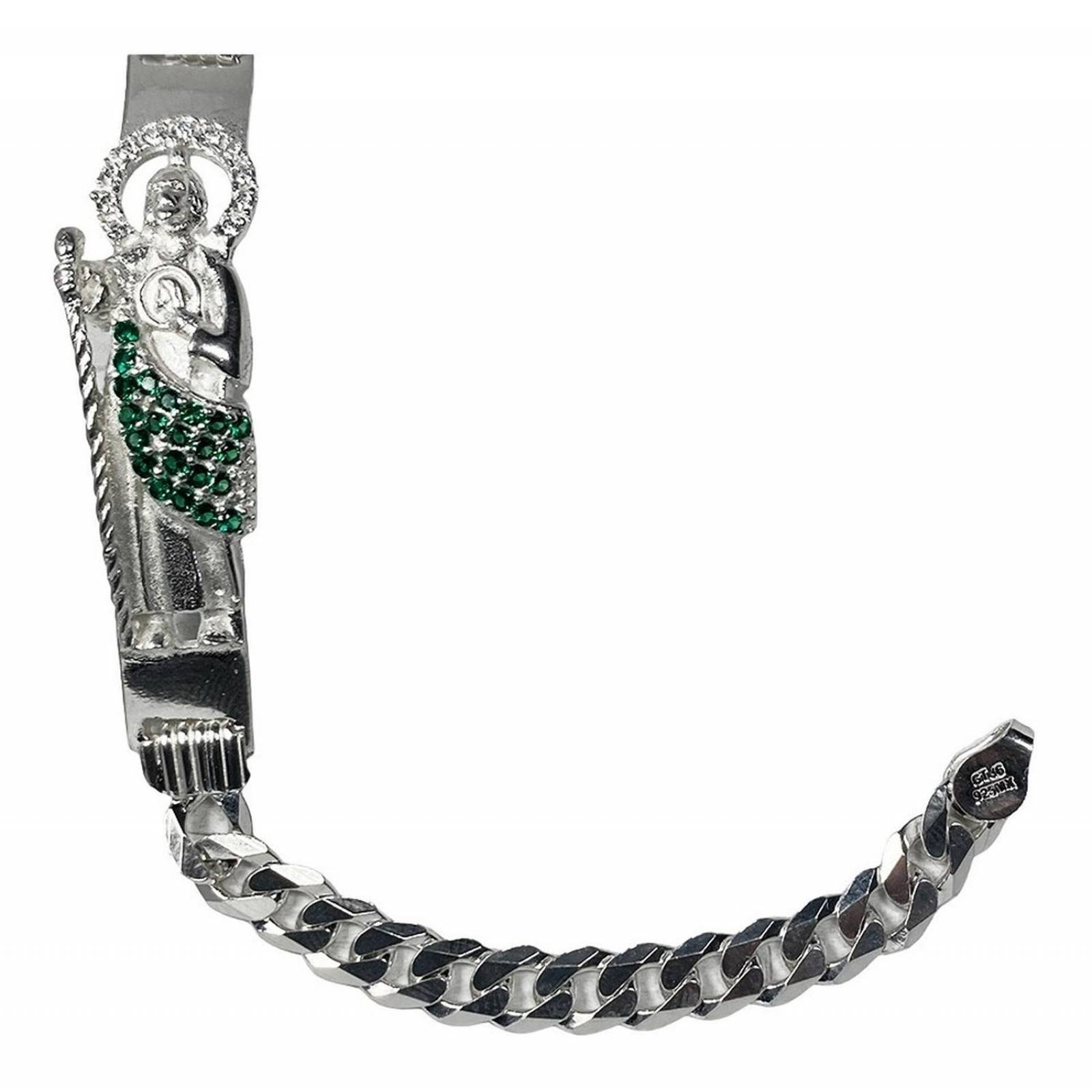 Pulsera San Judas Tadeo Esclava Plata Solida Ley 925 Largo/Ancho: 21 cm x 5 mm Verde barbada cerrada 6 cm - 21 cm