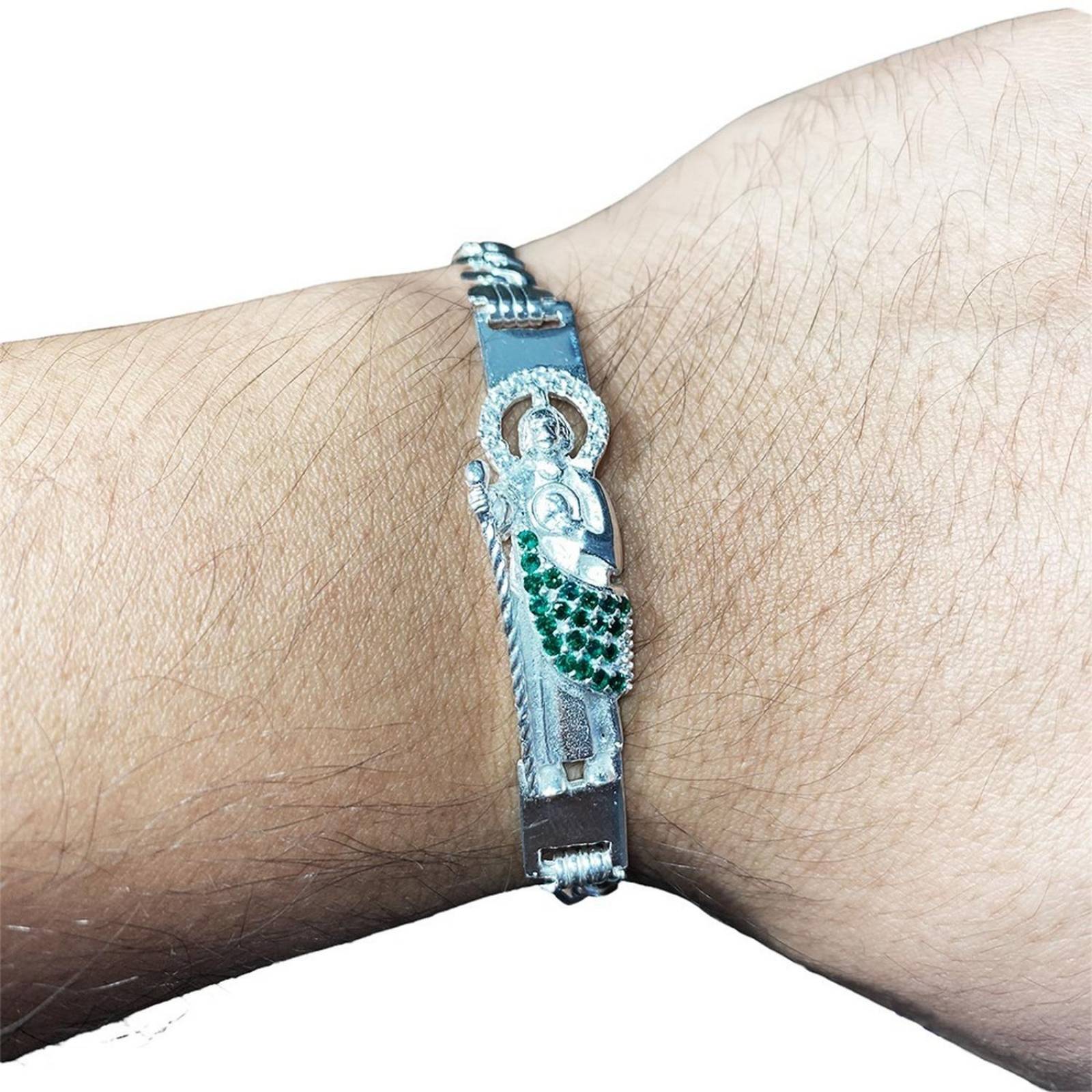 Pulsera San Judas Tadeo Esclava Plata Solida Ley 925 Largo/Ancho: 21 cm x 5 mm Verde barbada cerrada 6 cm - 21 cm