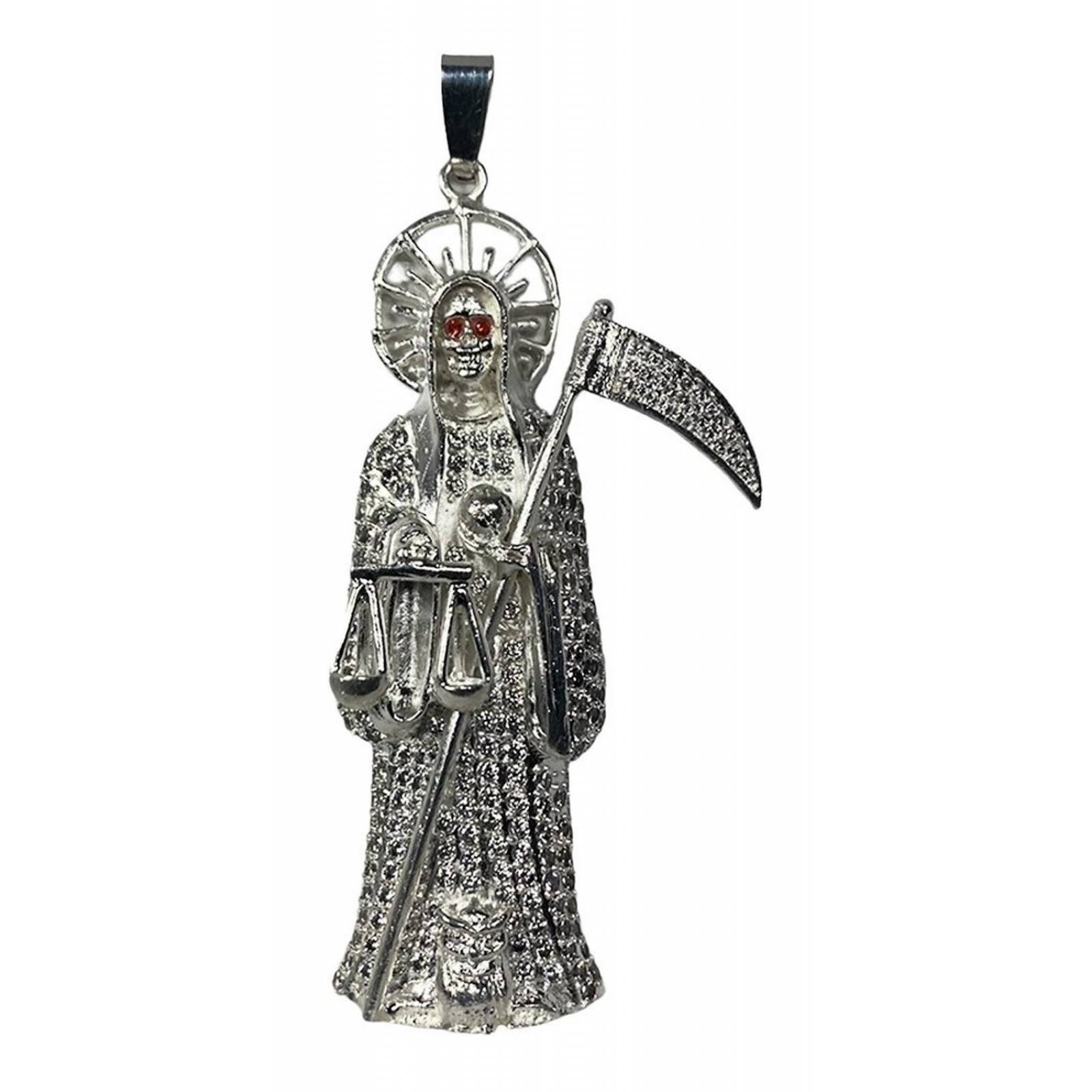 Dije Medalla Gigante Santa Muerte Con Zirconias En Plata 925 Alto/Ancho: 9 cm x 3.8 cm Plateado