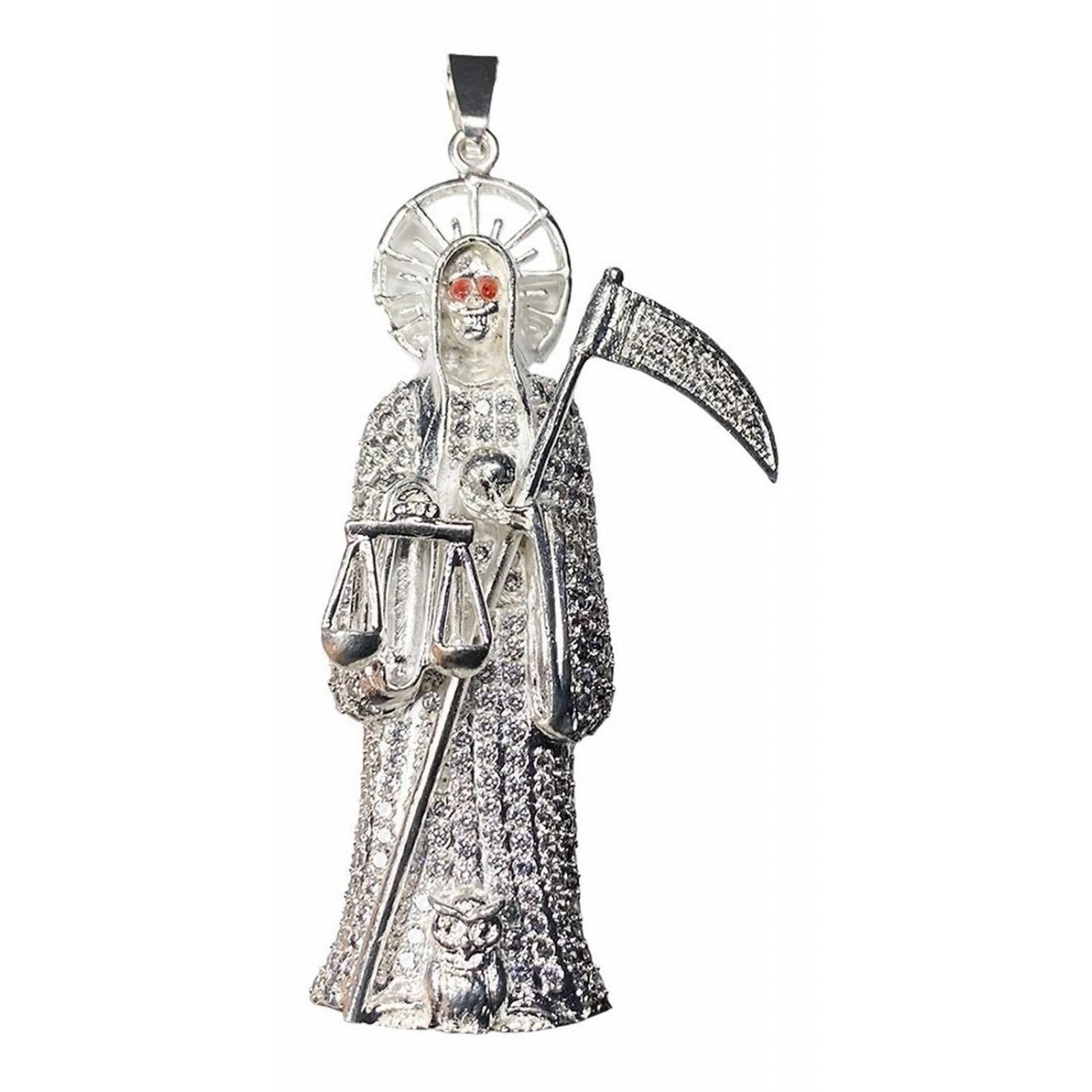 Dije Medalla Gigante Santa Muerte Con Zirconias En Plata 925 Alto/Ancho: 9 cm x 3.8 cm Plateado