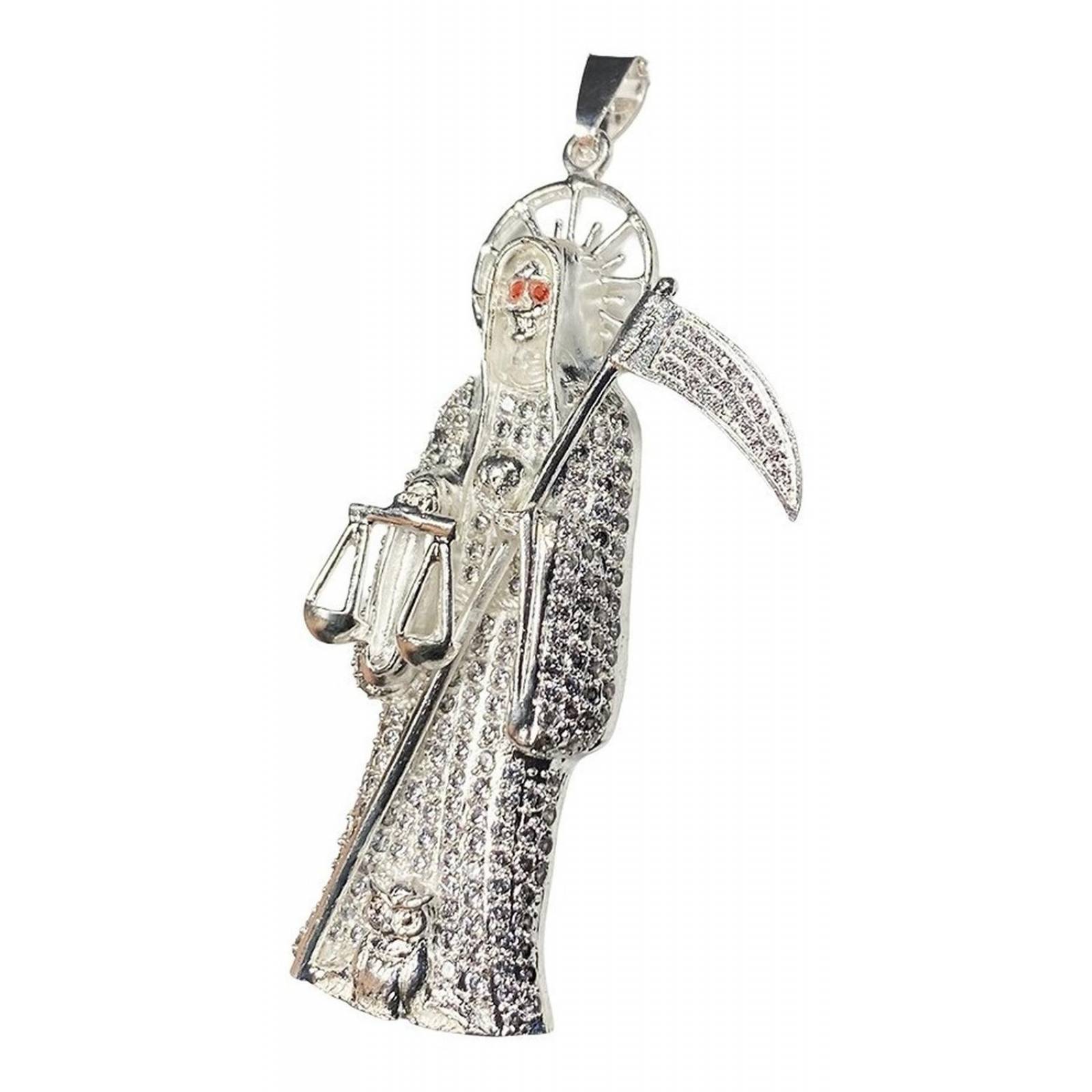 Dije Medalla Gigante Santa Muerte Con Zirconias En Plata 925 Alto/Ancho: 9 cm x 3.8 cm Plateado