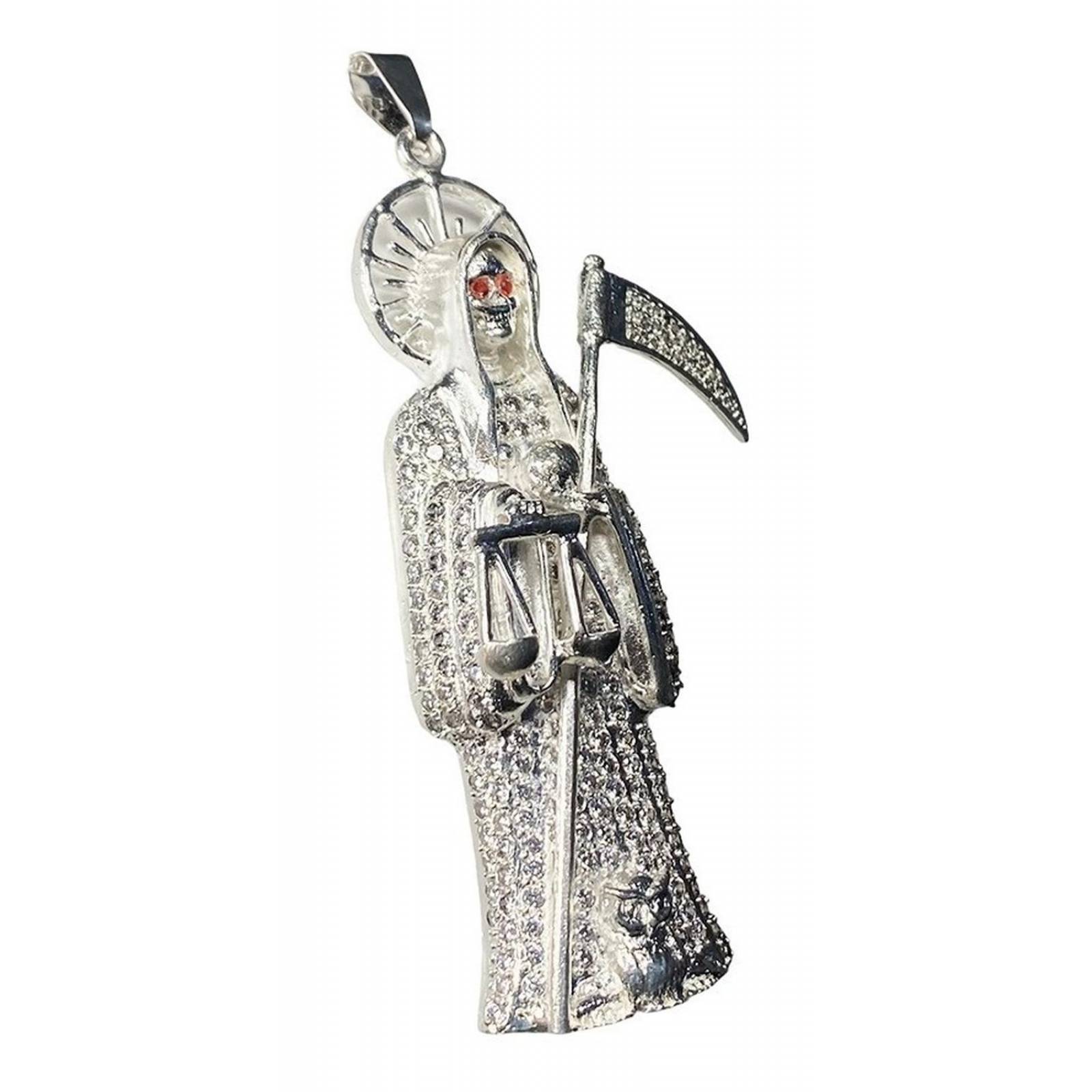 Dije Medalla Gigante Santa Muerte Con Zirconias En Plata 925 Alto/Ancho: 9 cm x 3.8 cm Plateado