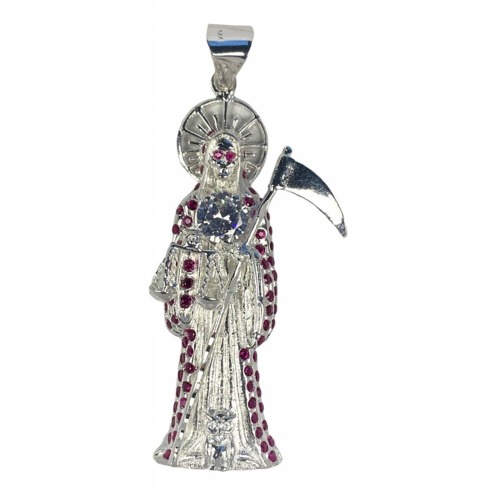 Dije Medalla Gigante Santa Muerte Con Zirconias En Plata 925 Alto/Ancho: 9 cm x 3.8 cm Fiusha