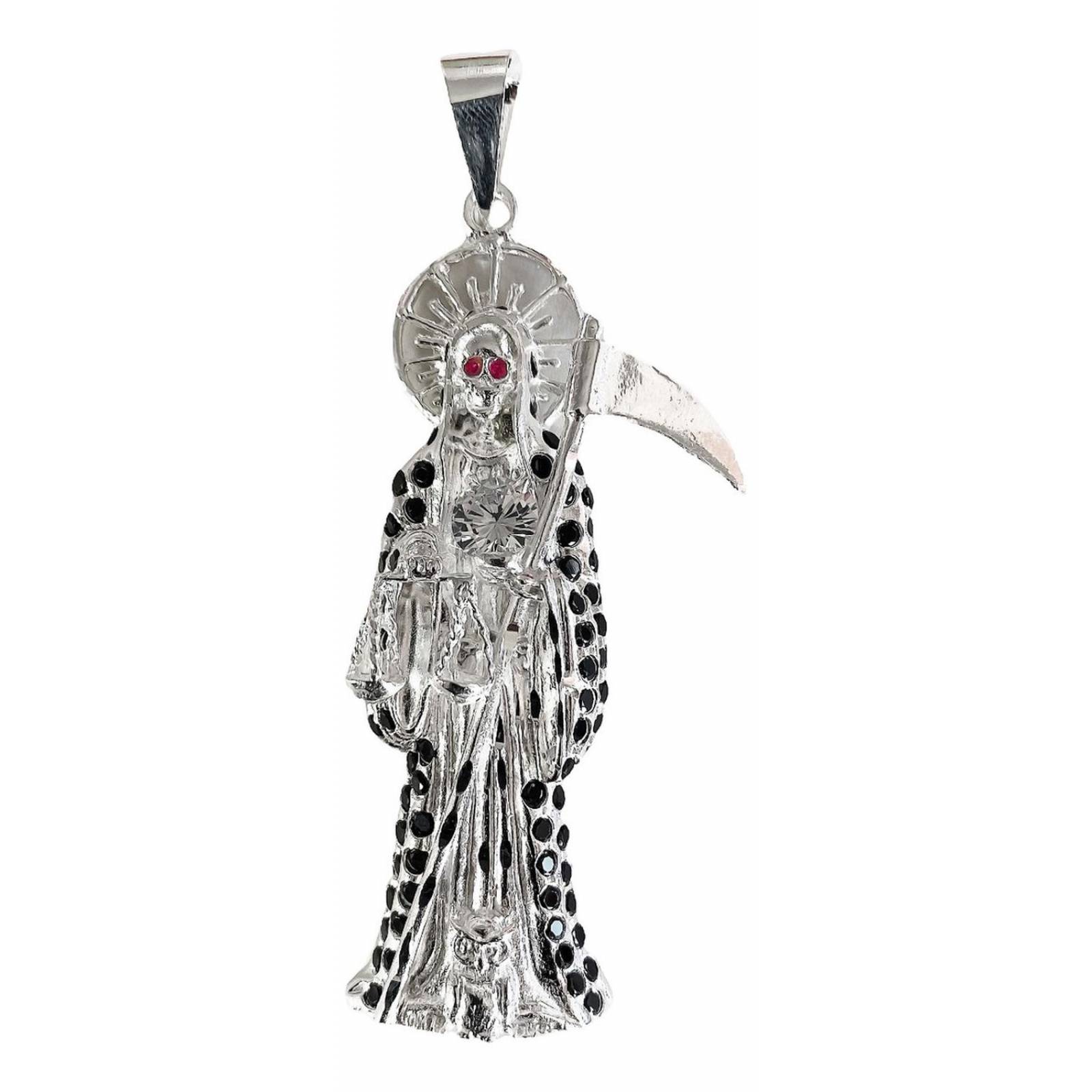 Dije Medalla Gigante Santa Muerte Con Zirconias En Plata 925 Negro Alto/Ancho: 9 cm x 3.8 cm