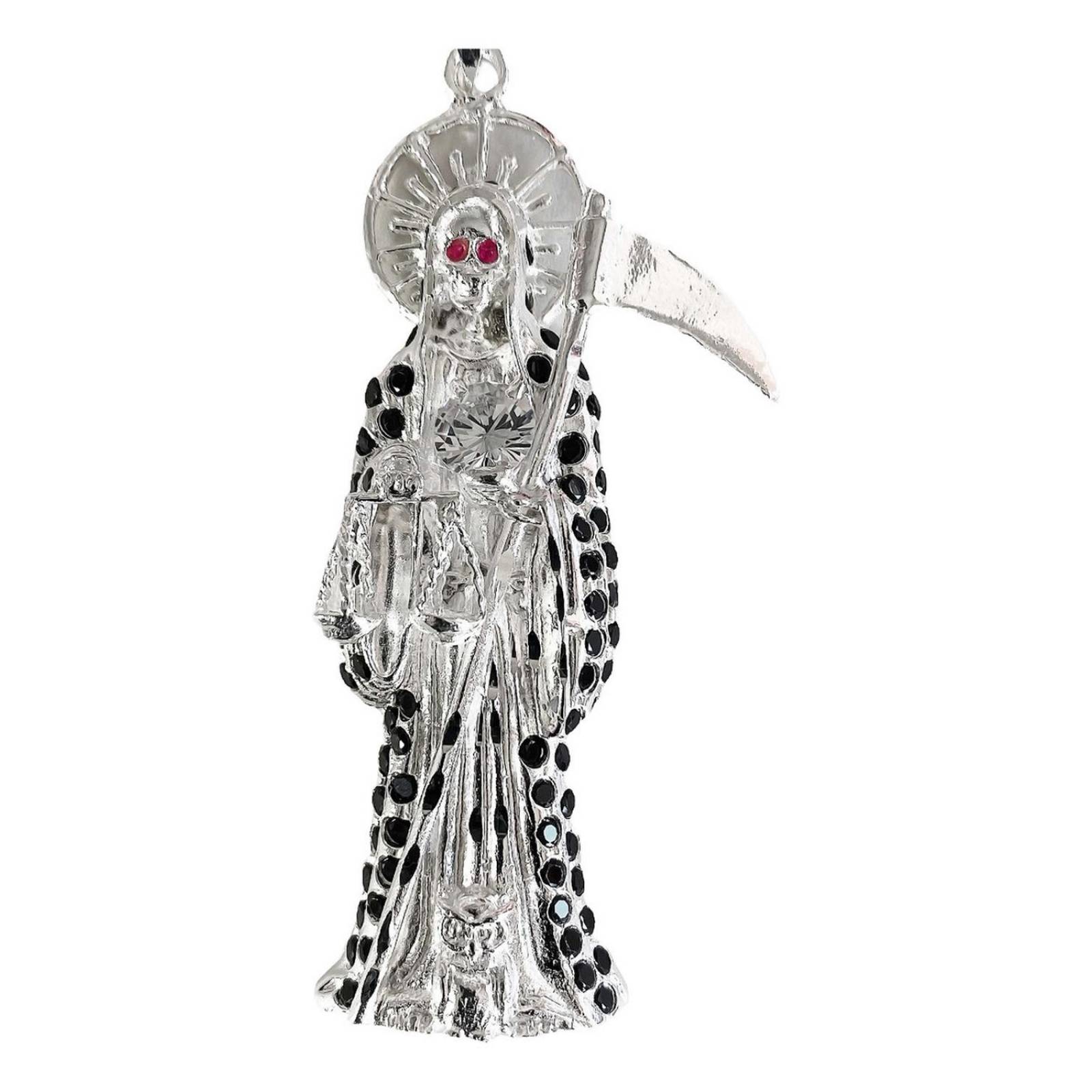Dije Medalla Gigante Santa Muerte Con Zirconias En Plata 925 Negro Alto/Ancho: 9 cm x 3.8 cm