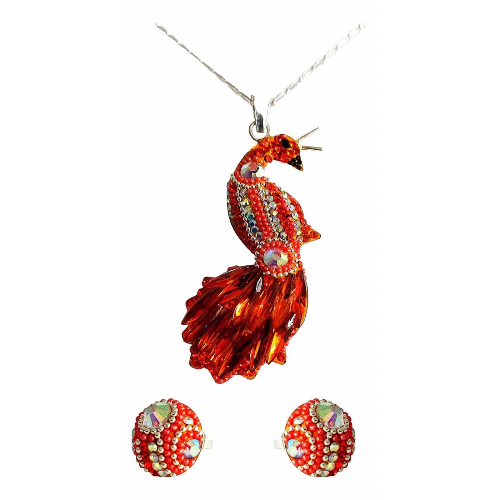 Juego Gigante Completo Artesanal Pavo Real Piedras Plata 925 Alto/Ancho: 6 cm x 2.5 cm Naranja