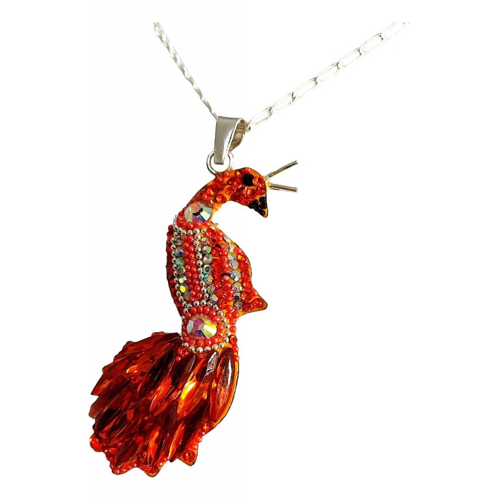 Juego Gigante Completo Artesanal Pavo Real Piedras Plata 925 Alto/Ancho: 6 cm x 2.5 cm Naranja