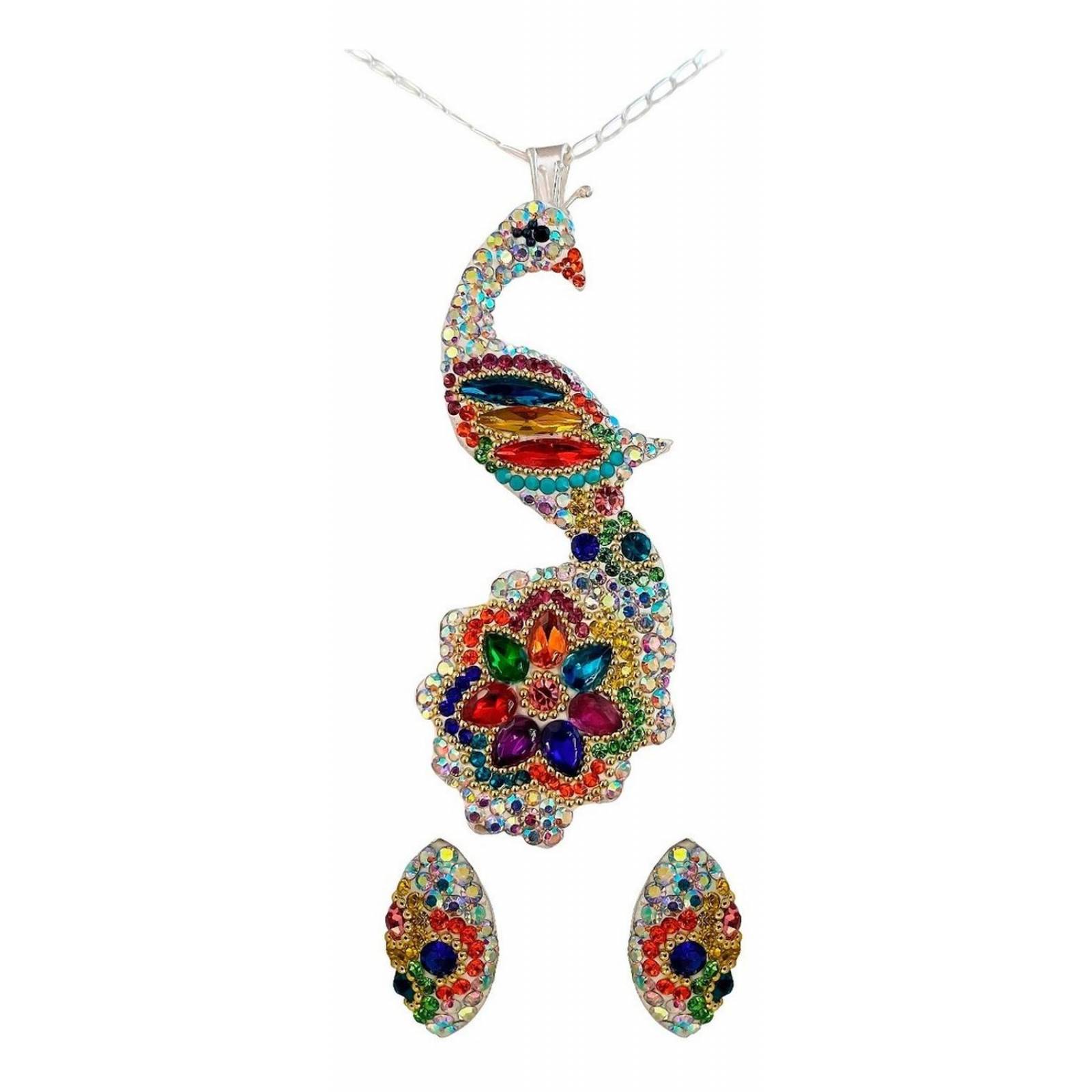 Juego Gigante Completo Artesanal Pavo Real Piedras Plata 925 Blanco - Colores Alto/Ancho: 6 cm x 2.5 cm