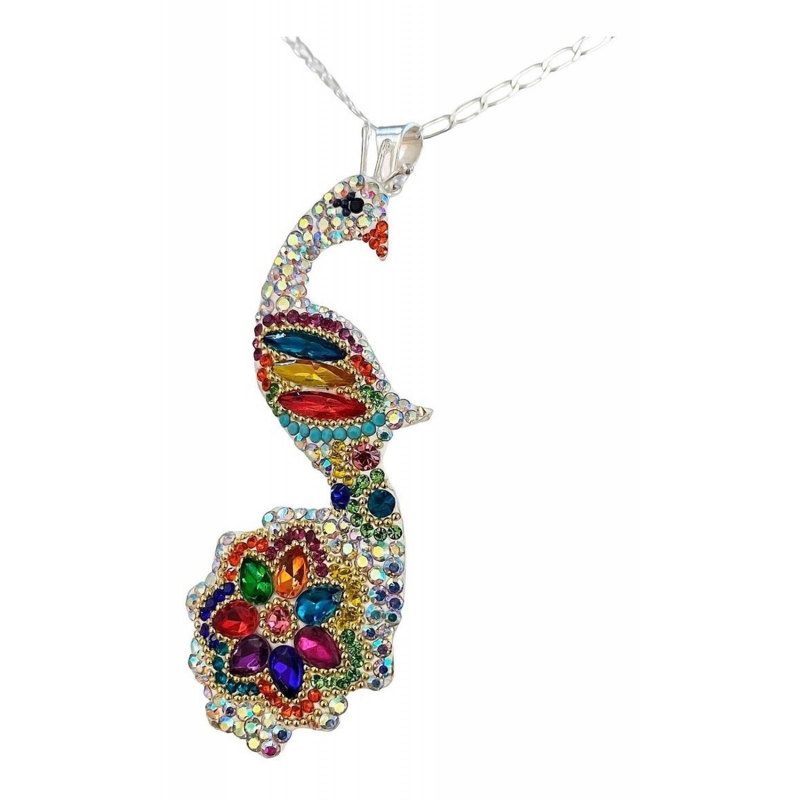 Juego Gigante Completo Artesanal Pavo Real Piedras Plata 925 Blanco - Colores Alto/Ancho: 6 cm x 2.5 cm