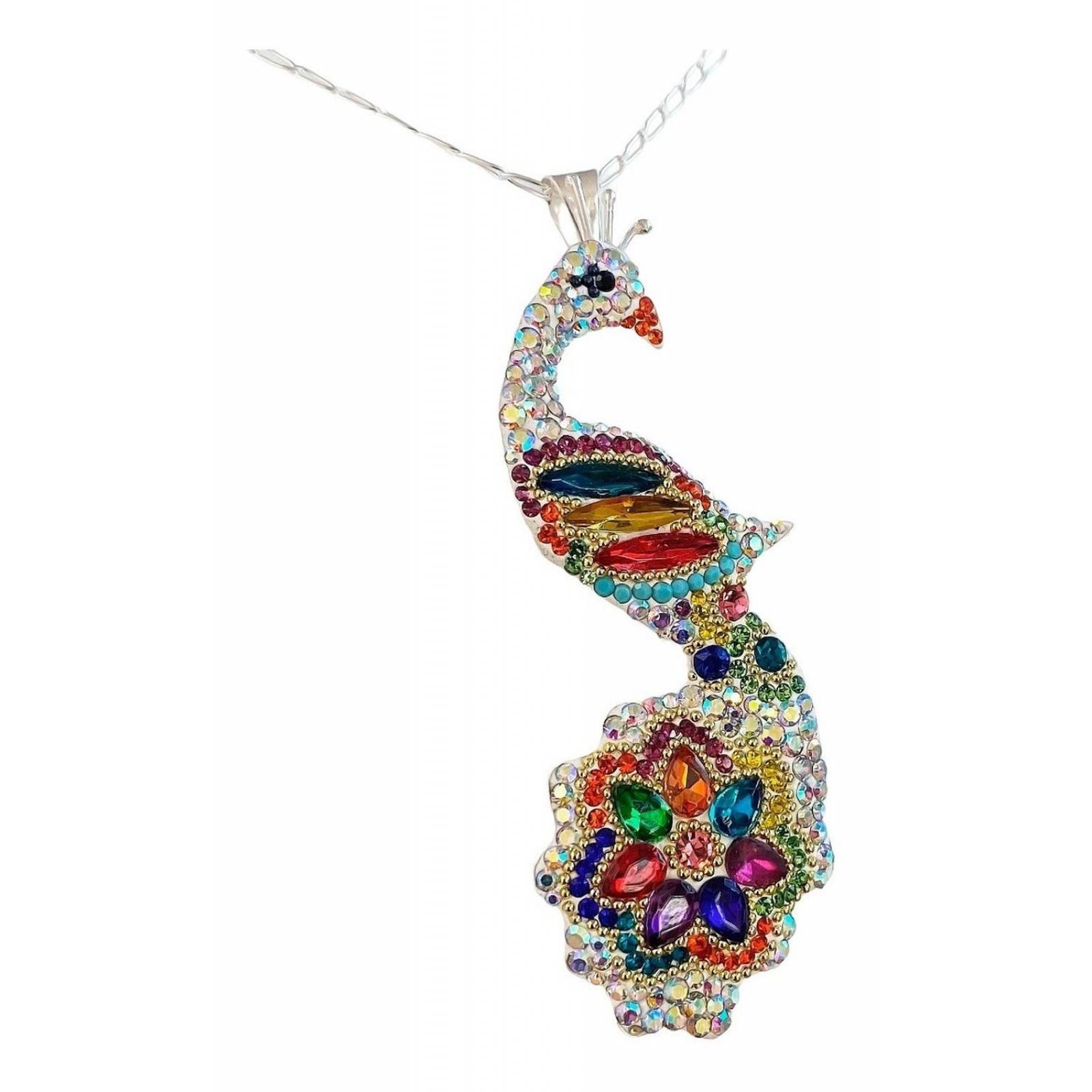 Juego Gigante Completo Artesanal Pavo Real Piedras Plata 925 Blanco - Colores Alto/Ancho: 6 cm x 2.5 cm