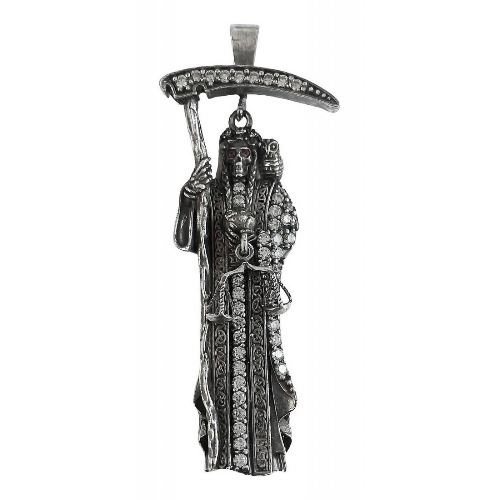 Dije Medalla Grande Santa Muerte Con Zirconias En Plata 925 Negro Alto/Ancho: 7 cm x 2.8 cm