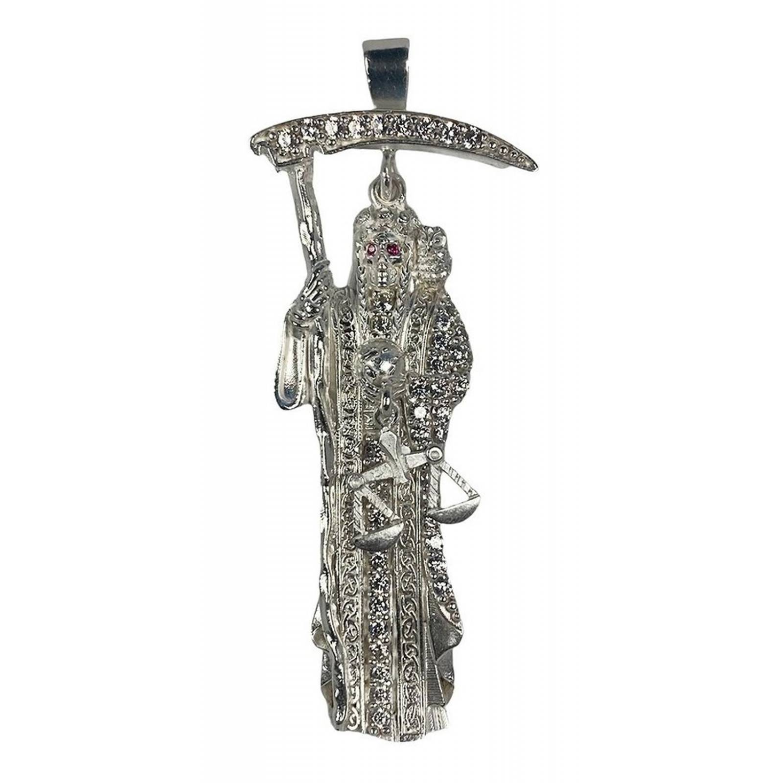Dije Medalla Grande Santa Muerte Con Zirconias En Plata 925 Alto/Ancho: 7 cm x 2.8 cm Plateado
