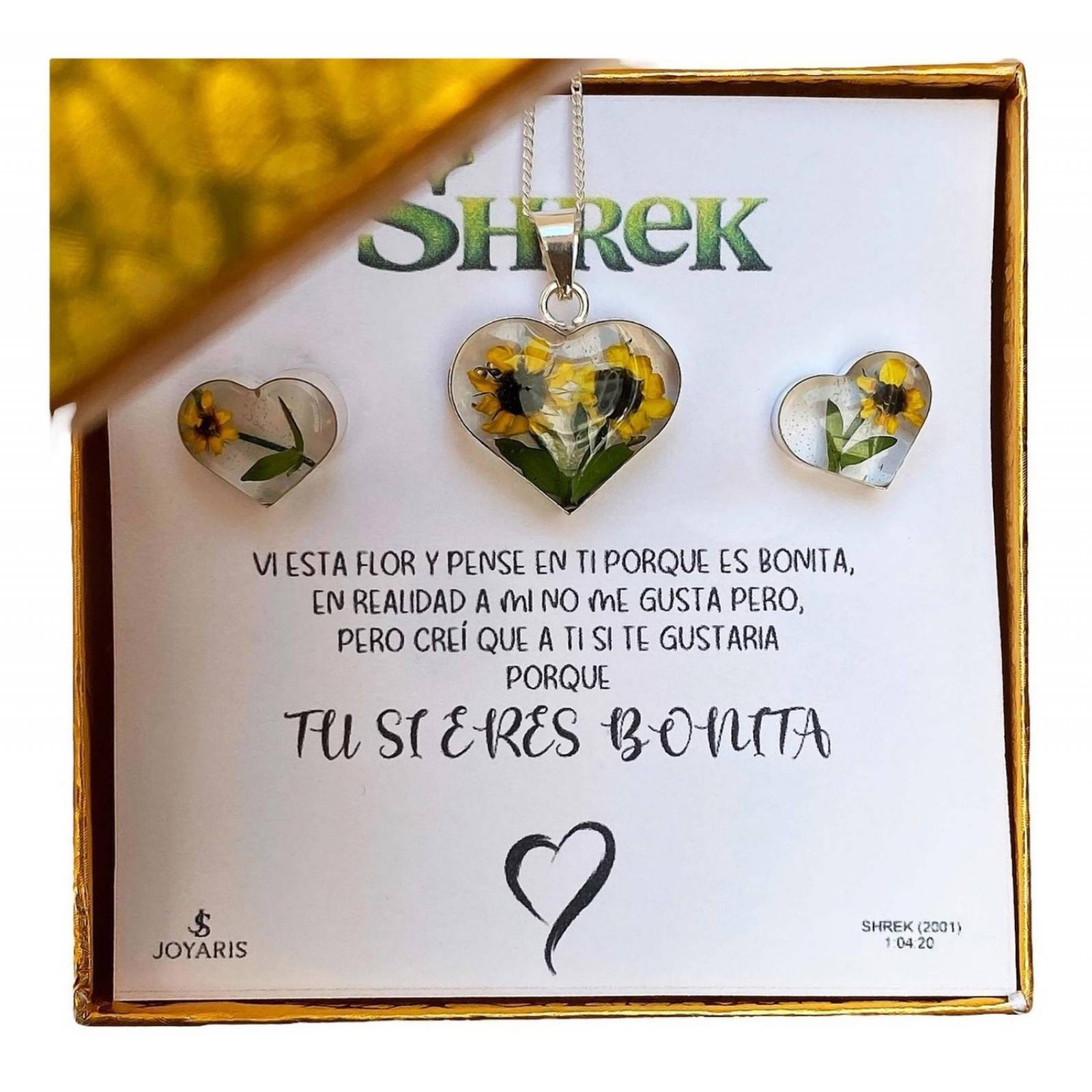 Shrek Aretes Collar Girasol Promesa Regalo Amor Plata 925 Corazón grande dos girasoles Alto/Ancho: 1 a 3 cm x 1 a 3 cm