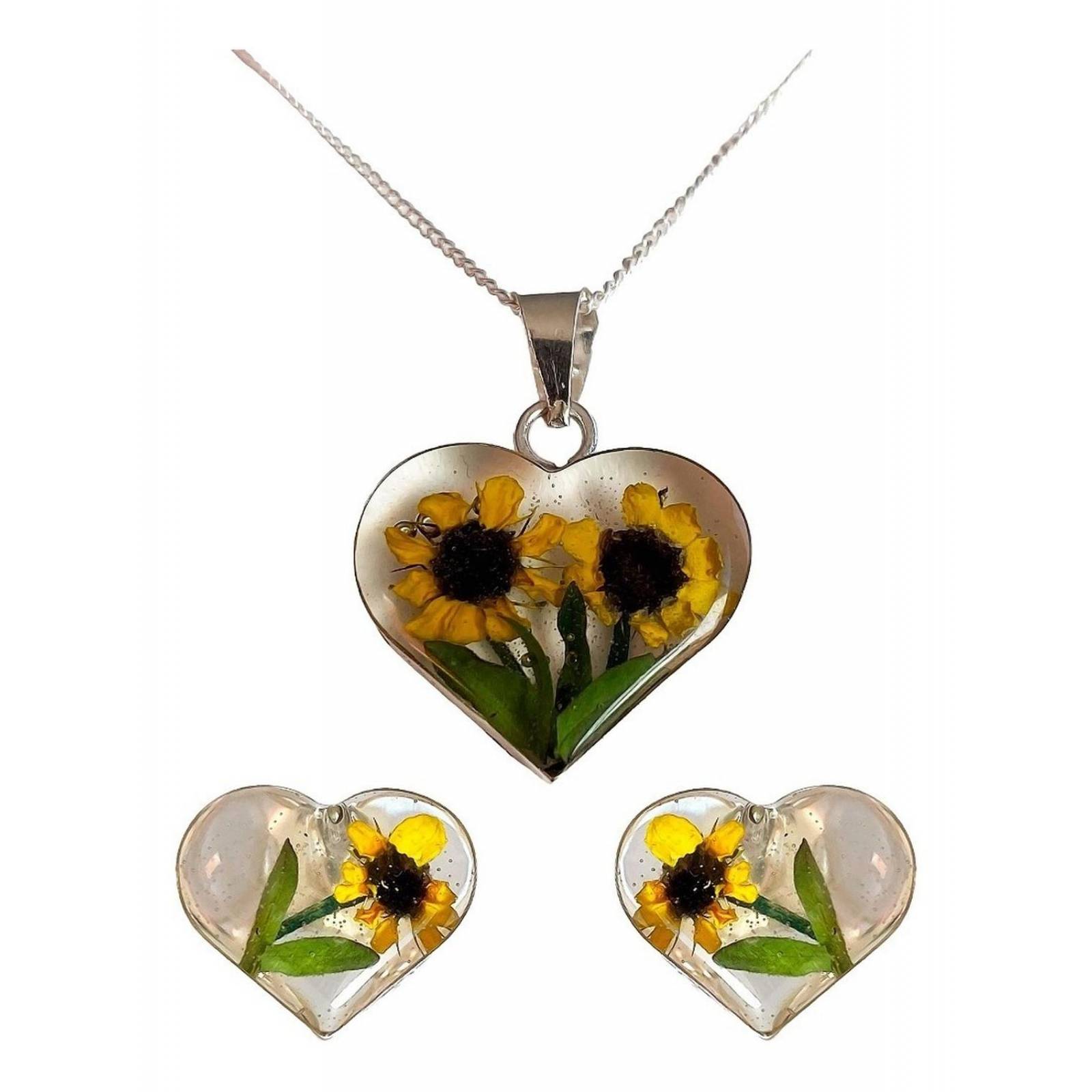 Shrek Aretes Collar Girasol Promesa Regalo Amor Plata 925 Corazón grande dos girasoles Alto/Ancho: 1 a 3 cm x 1 a 3 cm
