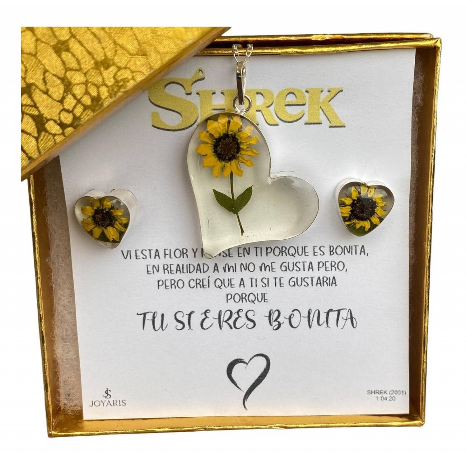 Shrek Aretes Collar Girasol Promesa Regalo Amor Plata 925 Corazón grande girasol Alto/Ancho: 1 a 3 cm x 1 a 3 cm