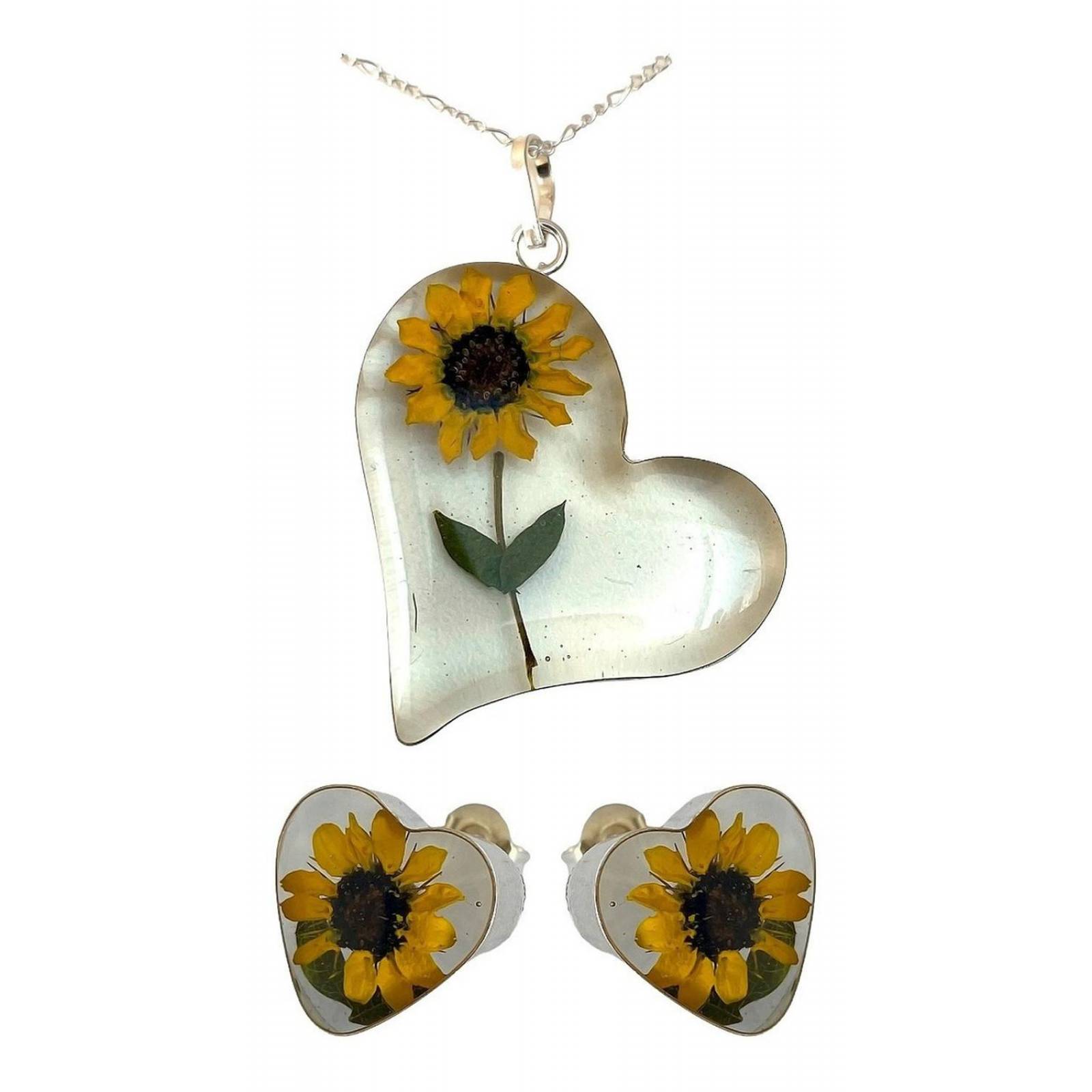 Shrek Aretes Collar Girasol Promesa Regalo Amor Plata 925 Corazón grande girasol Alto/Ancho: 1 a 3 cm x 1 a 3 cm