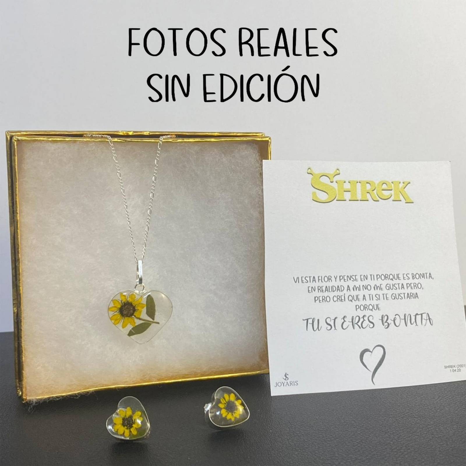 Shrek Aretes Collar Girasol Promesa Regalo Amor Plata 925 Corazón grande girasol Alto/Ancho: 1 a 3 cm x 1 a 3 cm