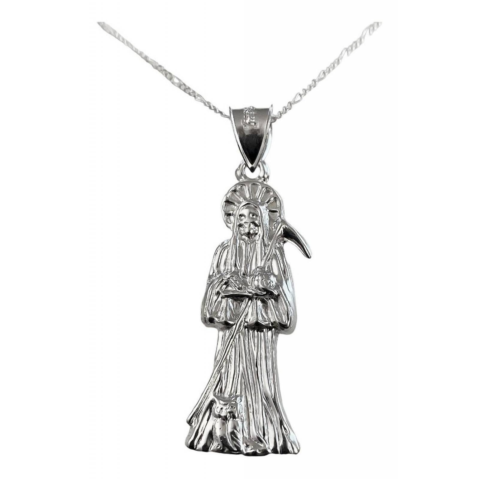 Collar Medalla Mediano Santa Muerte Hueco Plano En Plata 925 