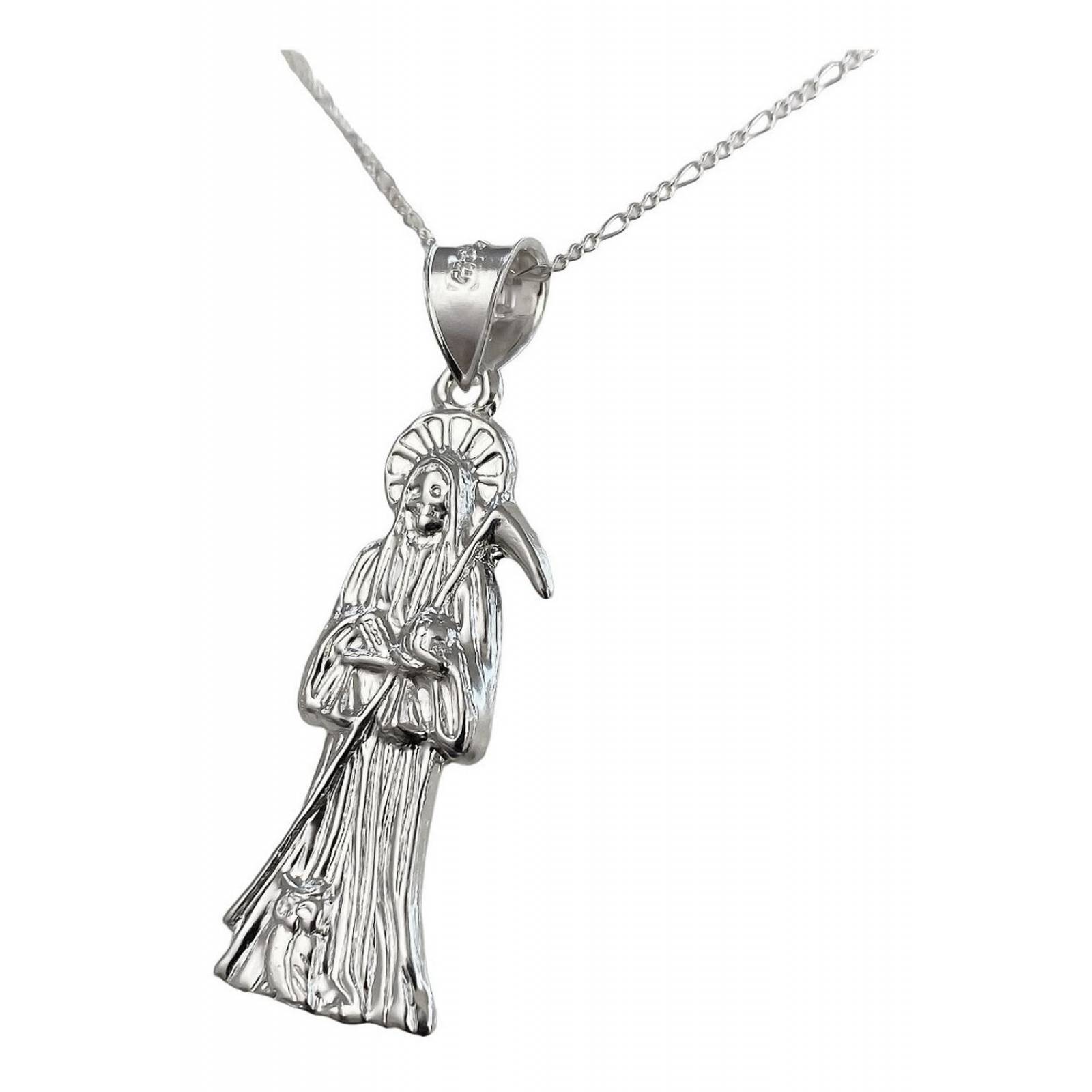 Collar Medalla Mediano Santa Muerte Hueco Plano En Plata 925 