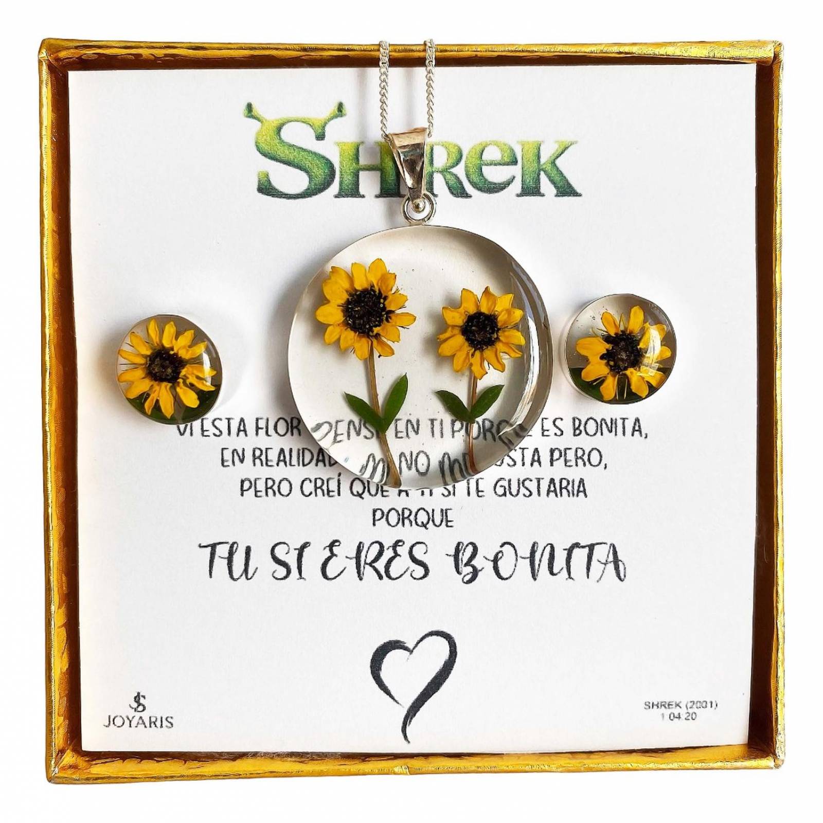 Shrek Aretes Collar Girasol Promesa Regalo Amor Plata 925 Criculo 2 girasoles Alto/Ancho: 1 a 3 cm x 1 a 3 cm