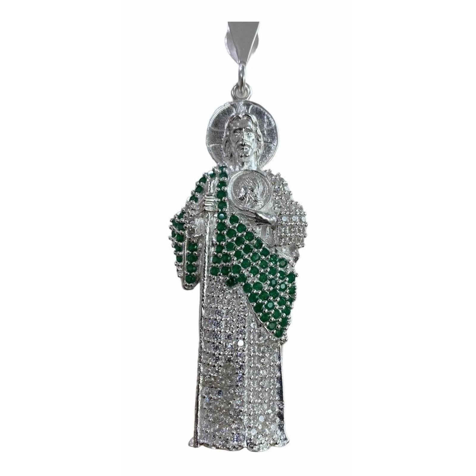 Dije Gigante San Judas Tadeo Zirconias Plata Solida 925 Alto/Ancho: 9 cm x 2.7 cm Verde