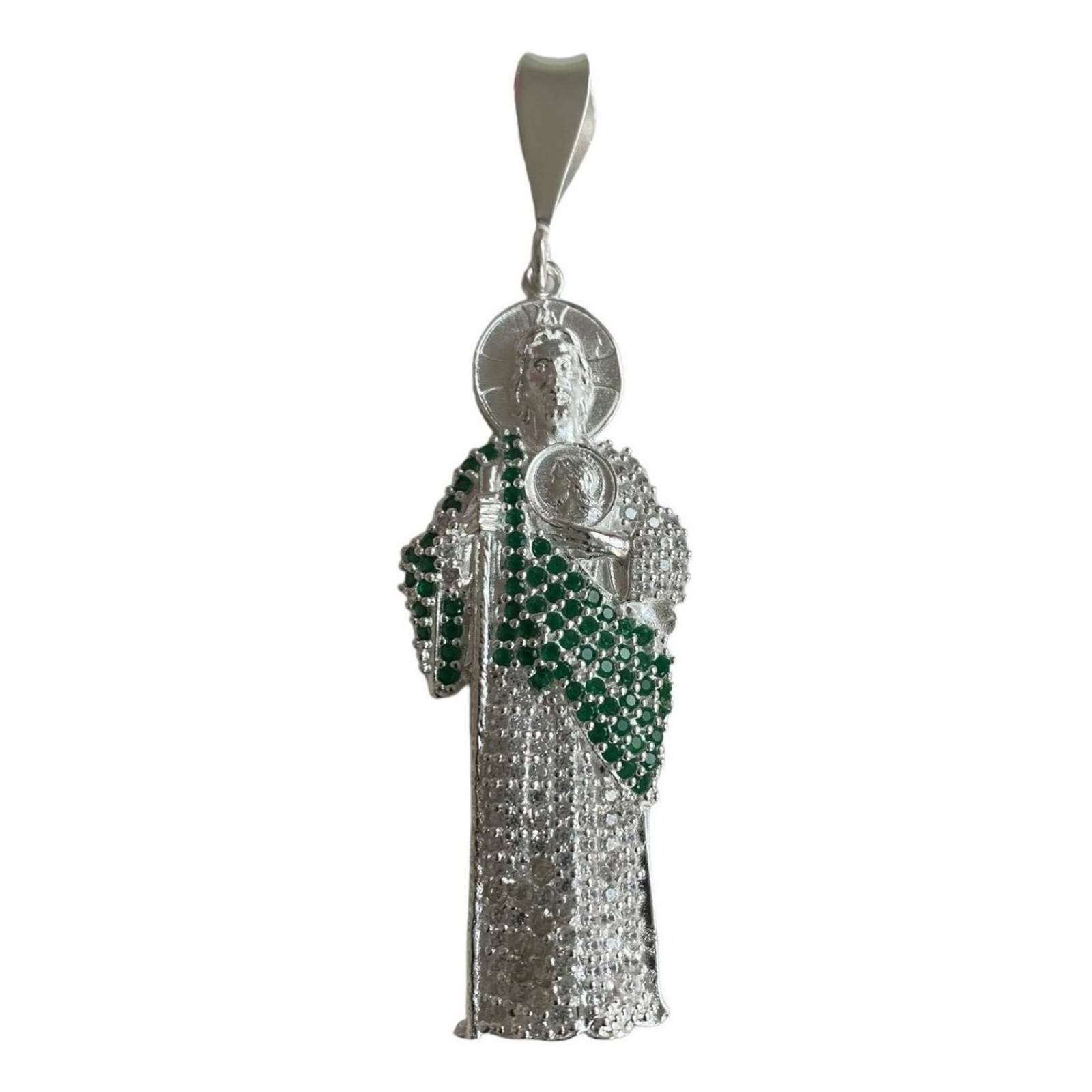 Dije Gigante San Judas Tadeo Zirconias Plata Solida 925 Alto/Ancho: 9 cm x 2.7 cm Verde