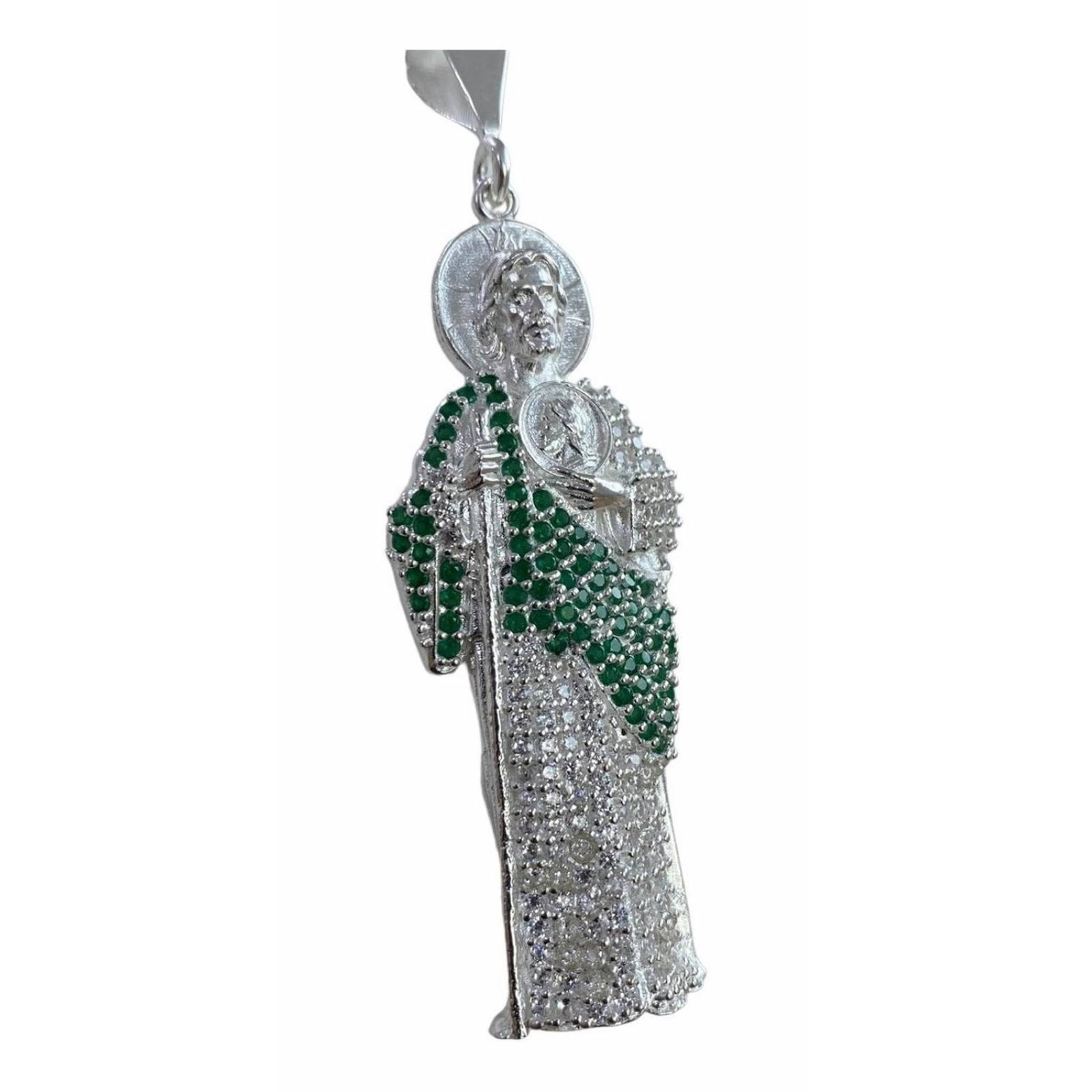 Dije Gigante San Judas Tadeo Zirconias Plata Solida 925 Alto/Ancho: 9 cm x 2.7 cm Verde