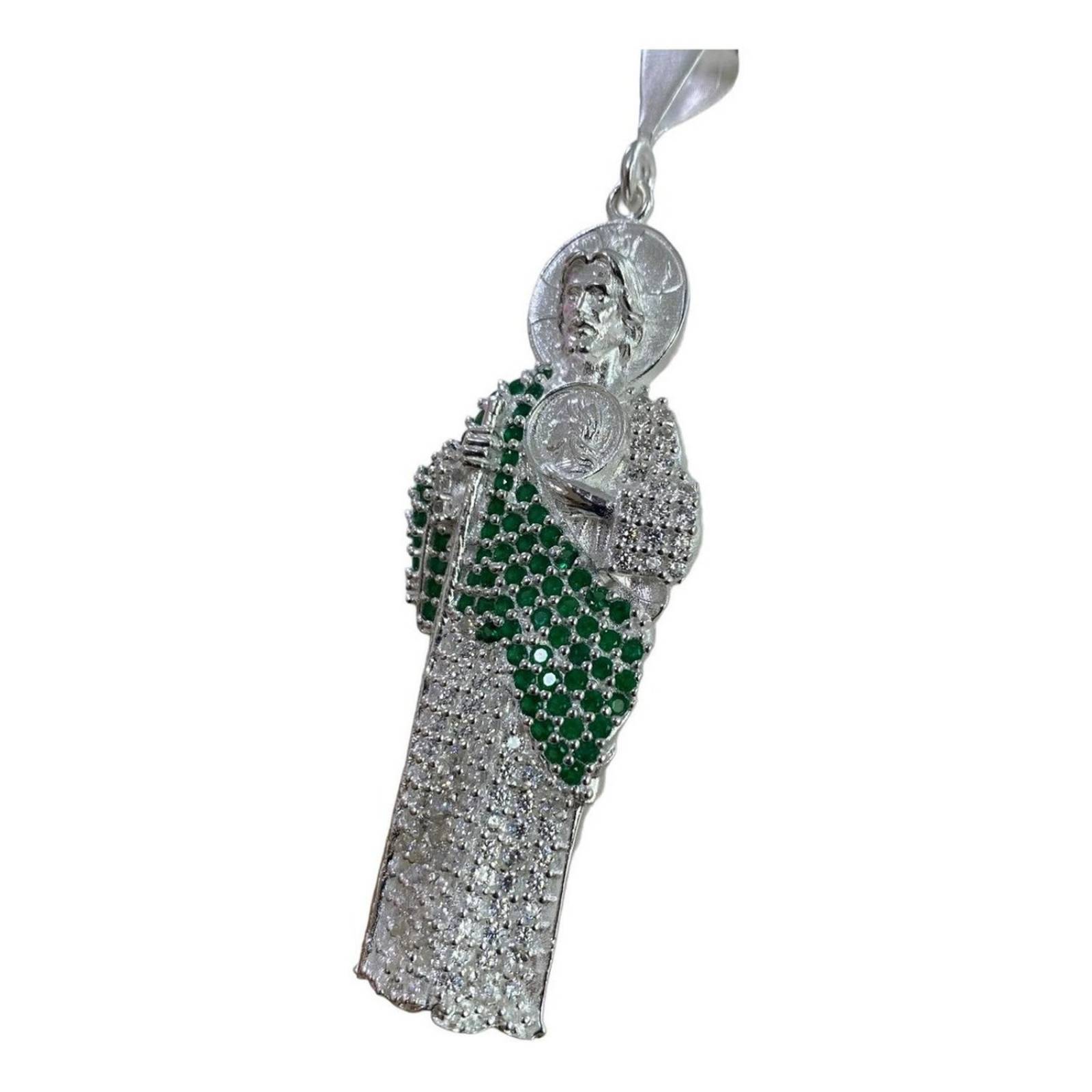 Dije Gigante San Judas Tadeo Zirconias Plata Solida 925 Alto/Ancho: 9 cm x 2.7 cm Verde