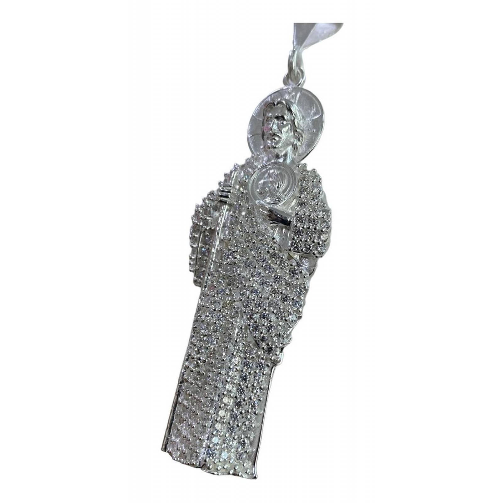 Dije Gigante San Judas Tadeo Zirconias Plata Solida 925 Blanco Alto/Ancho: 9 cm x 2.7 cm