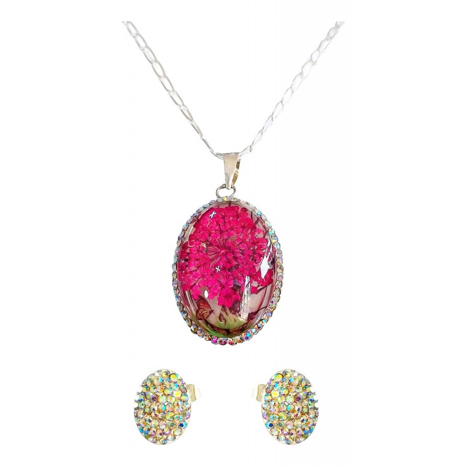 Juego Kit Arbol De La Vida Natural Encapsulado Plata 925 Ovalo rosa Alto/Ancho:3.2 cm x 2 cm