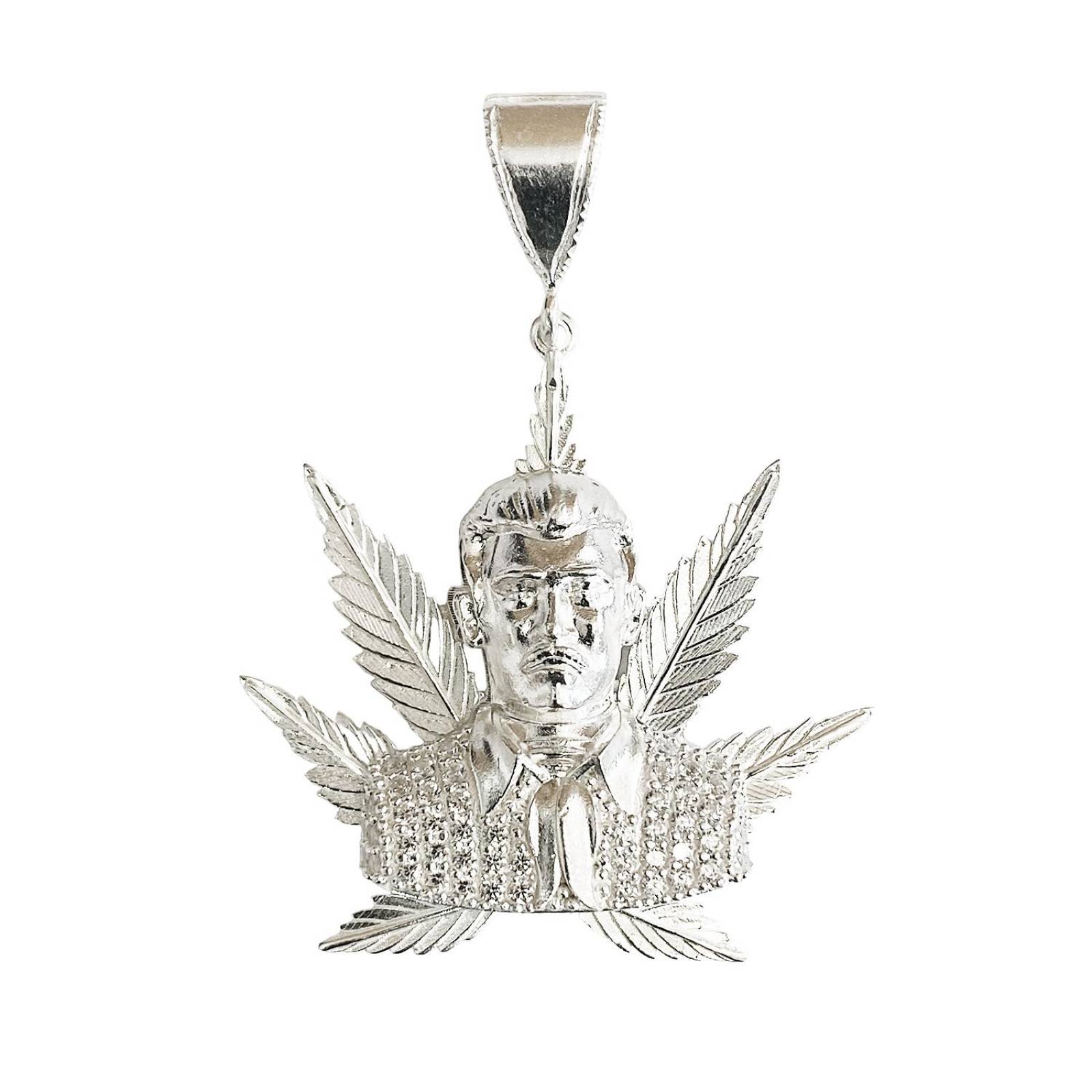 Dije Grande Jesús Malverde Cannabis Zirconias Plata Ley 925 Blanco Alto/Ancho 5.3 cm x 4.0 cm 5.3 cm x 4.0 cm