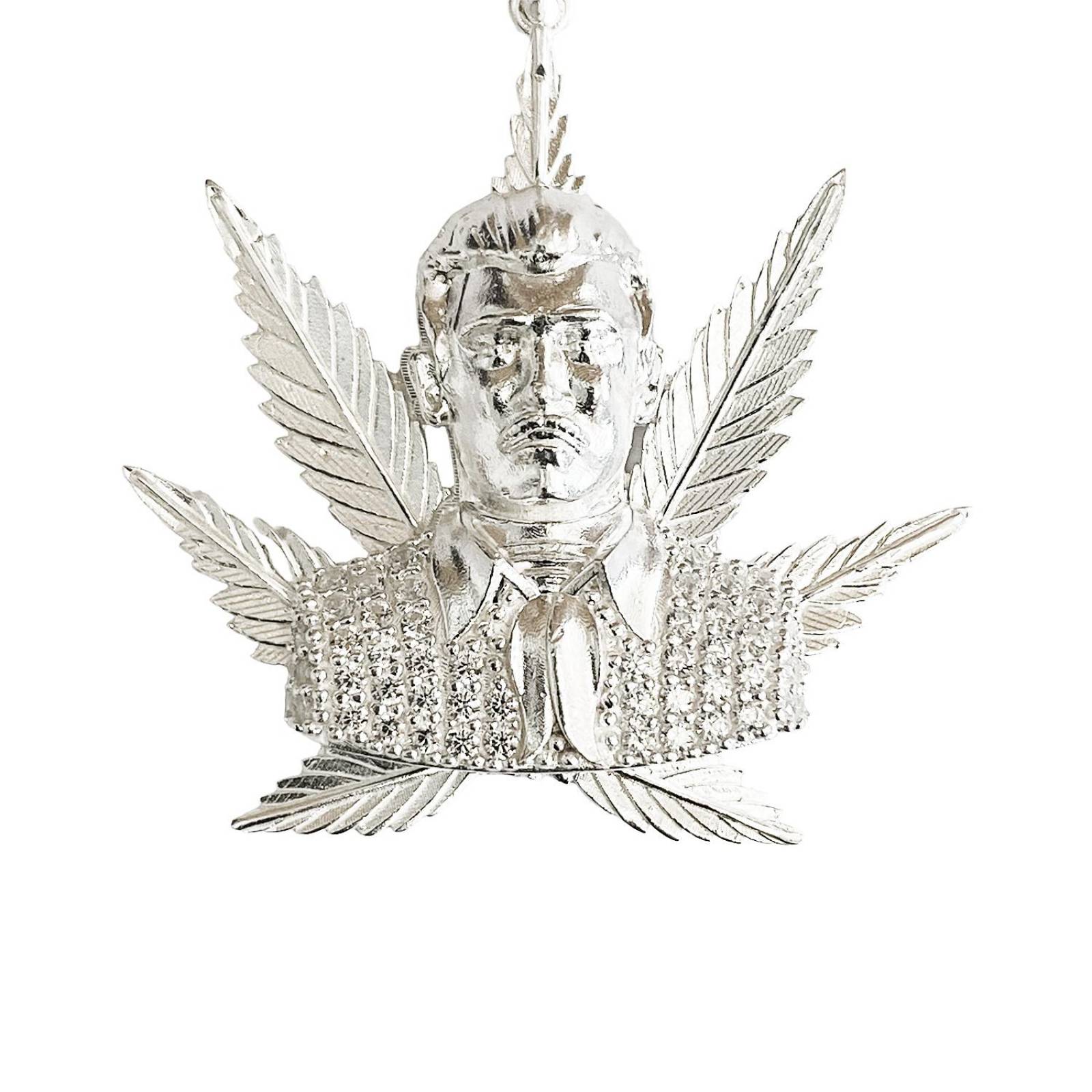 Dije Grande Jesús Malverde Cannabis Zirconias Plata Ley 925 Blanco Alto/Ancho 5.3 cm x 4.0 cm 5.3 cm x 4.0 cm