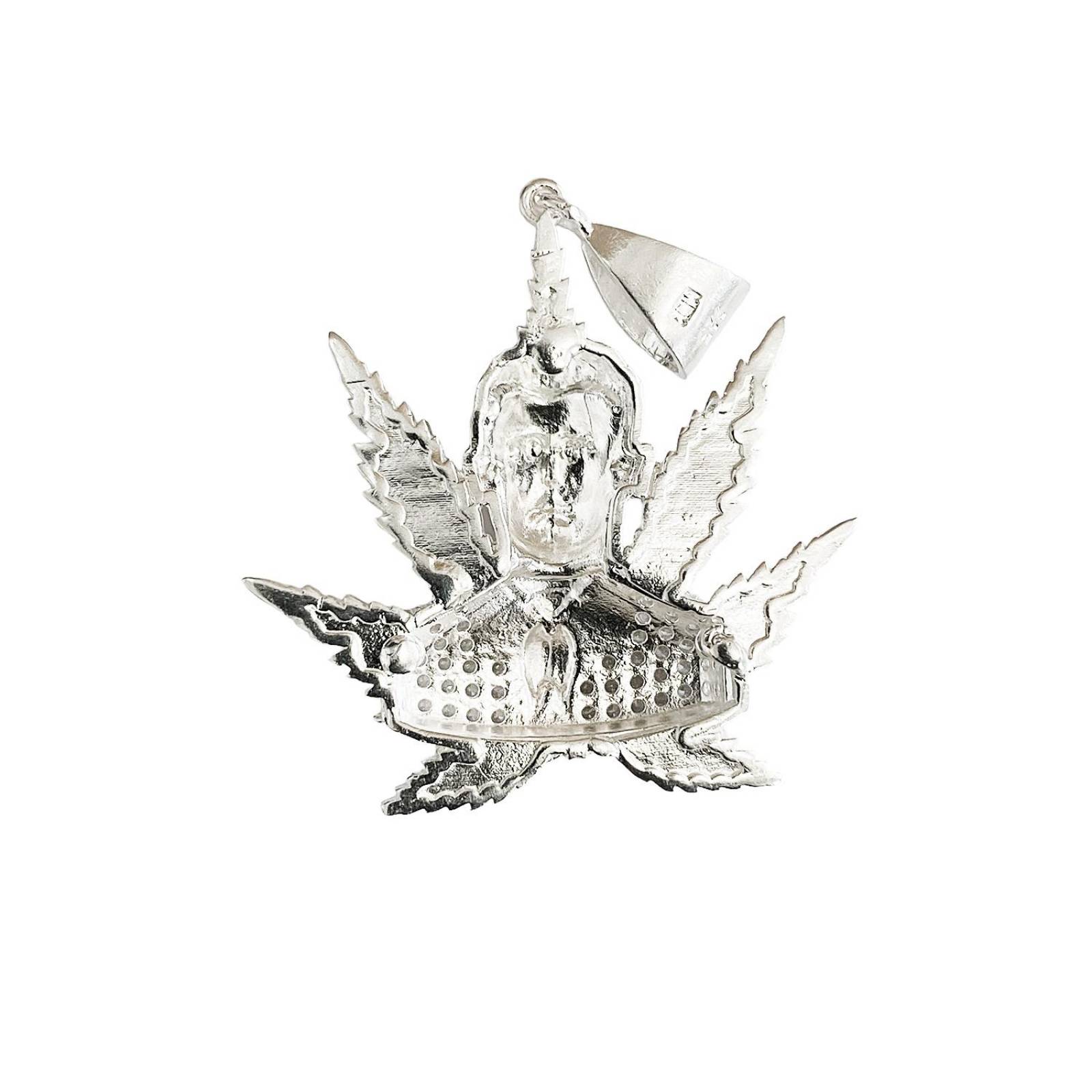Dije Grande Jesús Malverde Cannabis Zirconias Plata Ley 925 Blanco Alto/Ancho 5.3 cm x 4.0 cm 5.3 cm x 4.0 cm