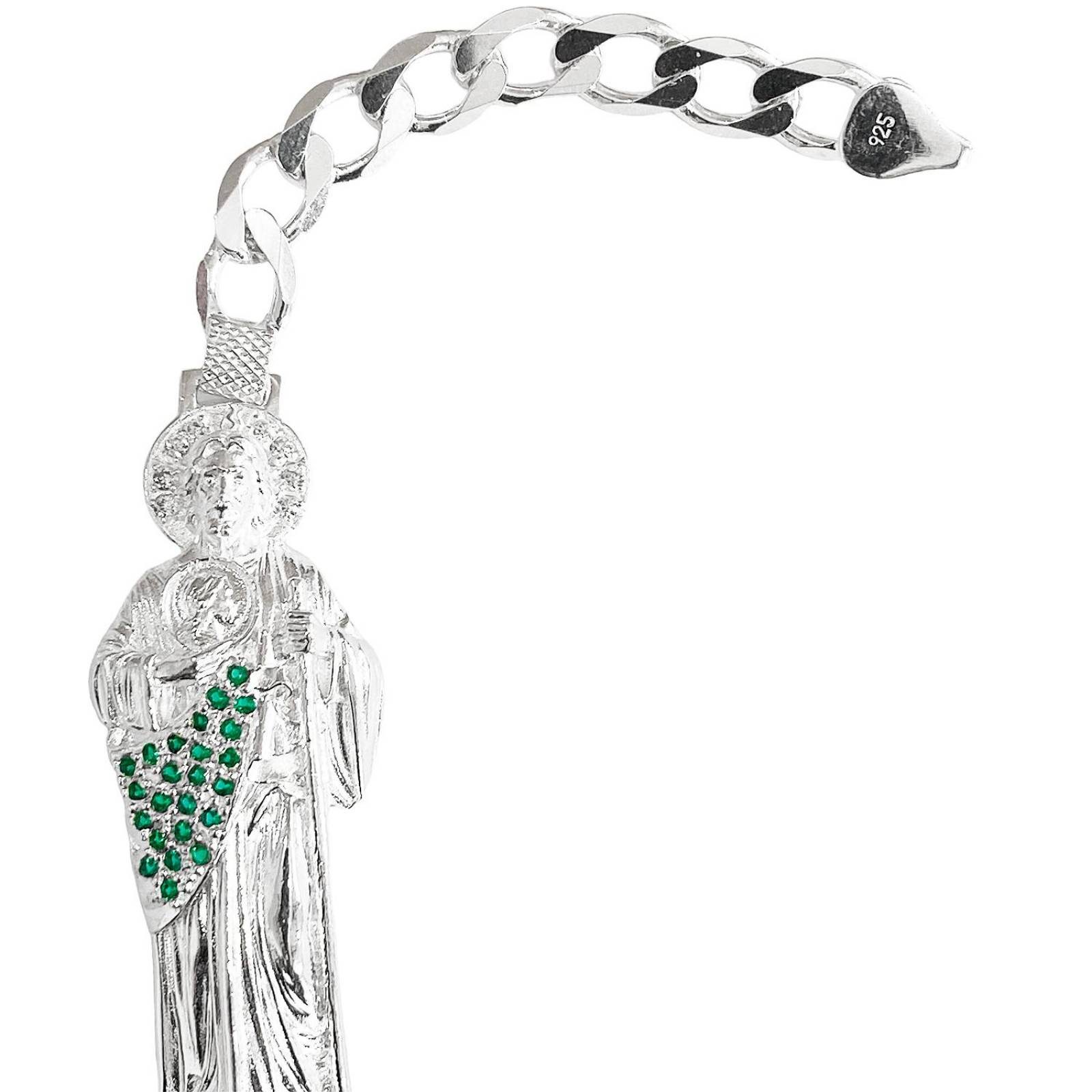 Pulsera Cuabana San Judas Tadeo Esclava Plata Ley 925 Verde 20 cm x 7.5 mm Largo / Ancho 20 cm x 7.5 mm