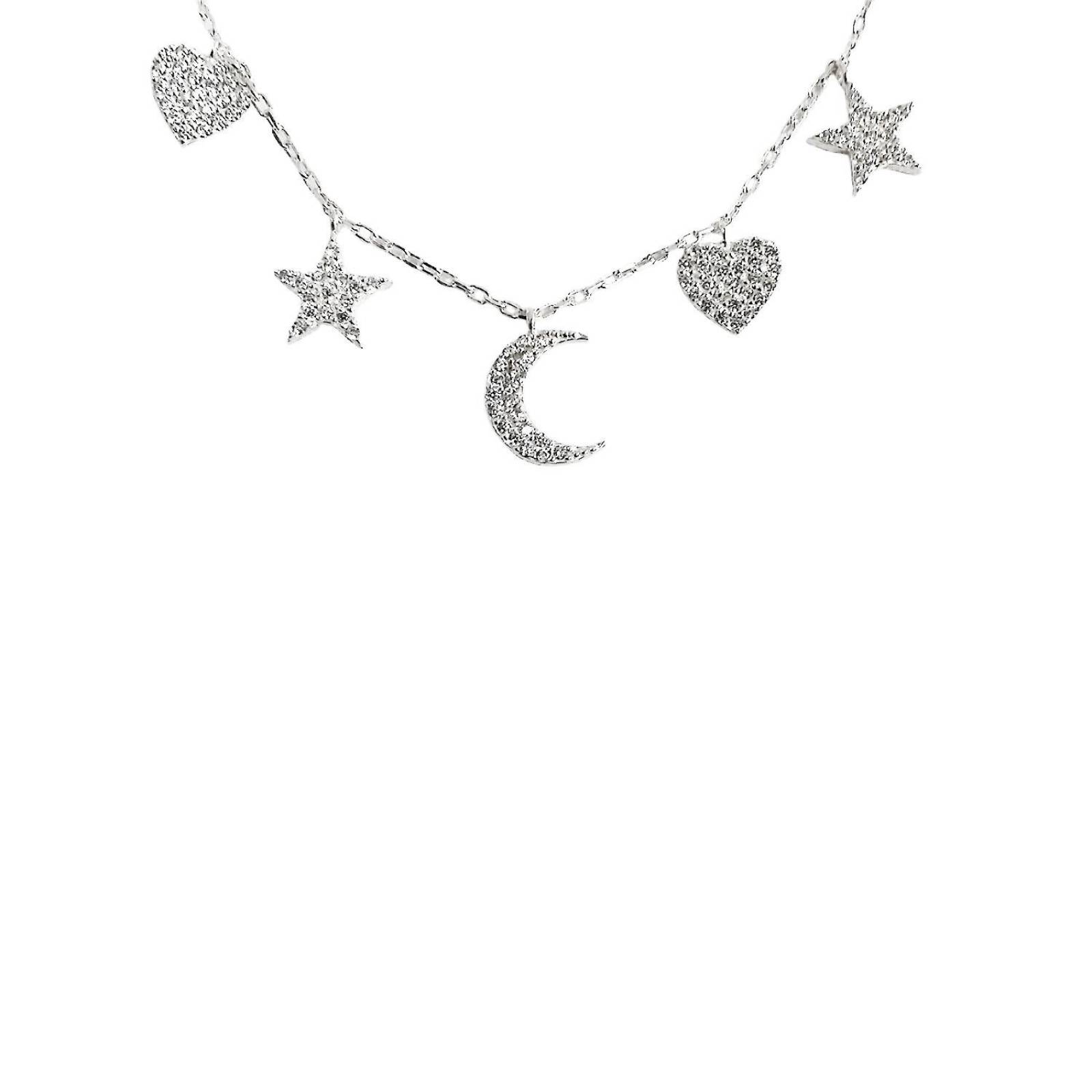 Collar Corazon Estrella Luna Mujer Amor Regalo Plata 925 45 cm x 1 mm Largo / Ancho 45 cm x 1 mm Plateado