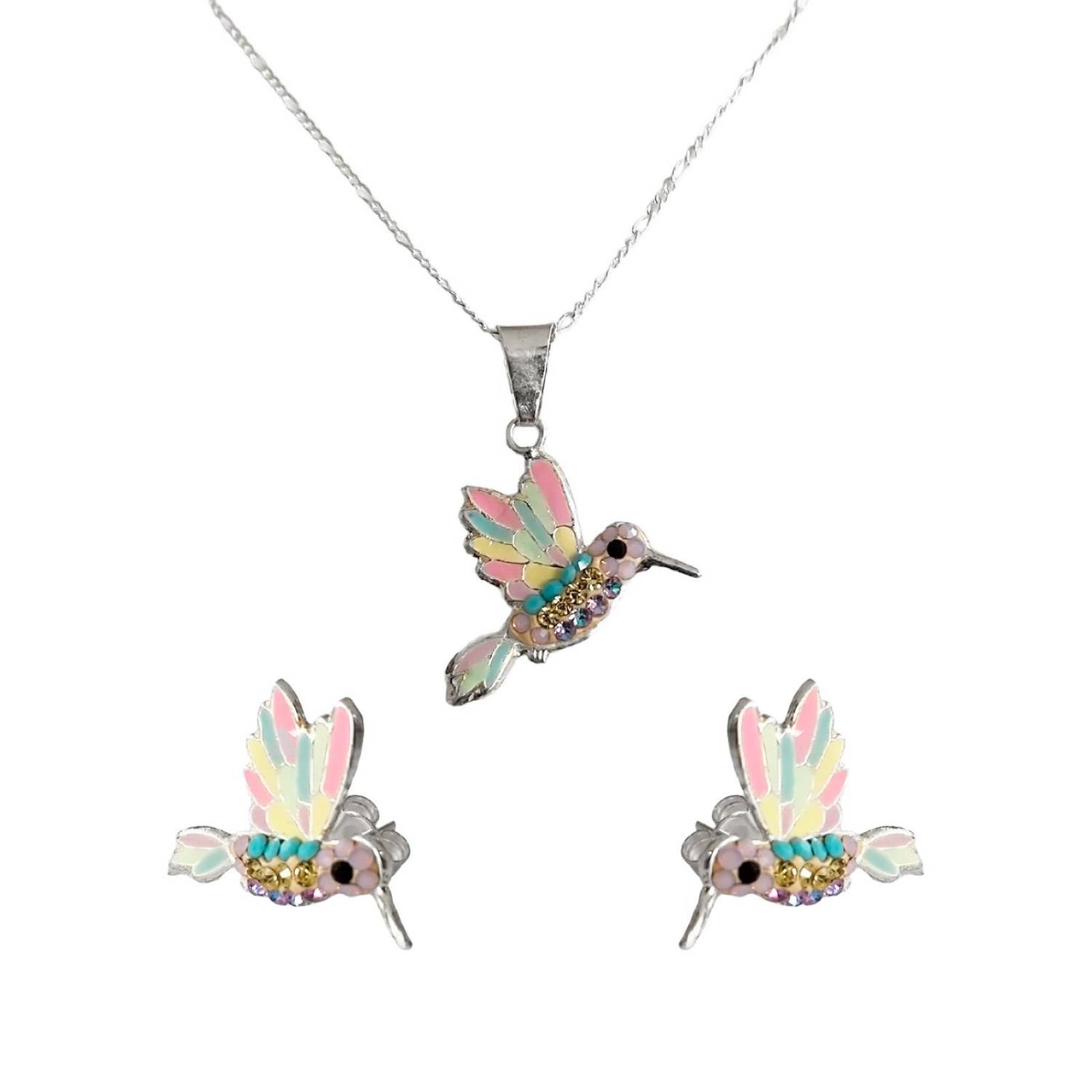 Juego Completo Artesanal Colibrí Con Piedras Plata Ley 925 Salmón Alto/Ancho: 2 cm x 1.5 cm