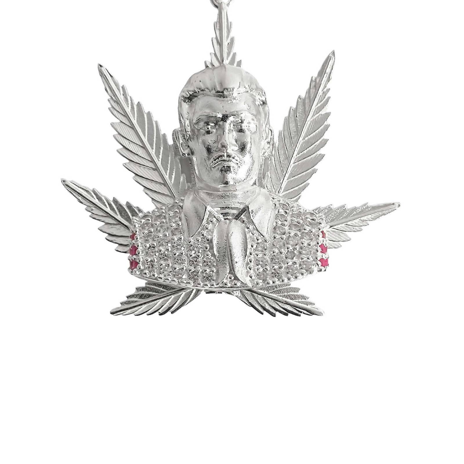 Dije Grande Jesús Malverde Cannabis Zirconias Plata Ley 925 Rosa Alto/Ancho 5.3 cm x 4.0 cm 5.3 cm x 4.0 cm