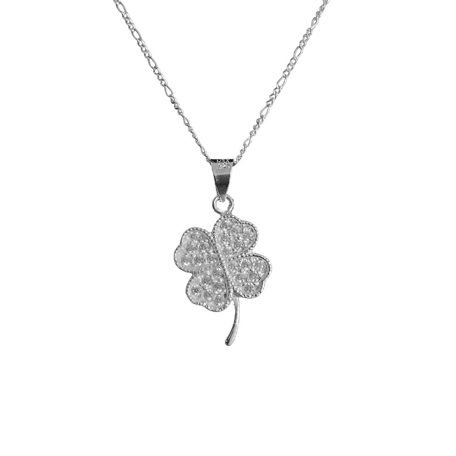 Collar Corazones Trebol 4 hojas Zirconias Plata Ley 925 Blanco Alto / Ancho 3 cm x 1.5 cm 3 cm x 1.5 cm