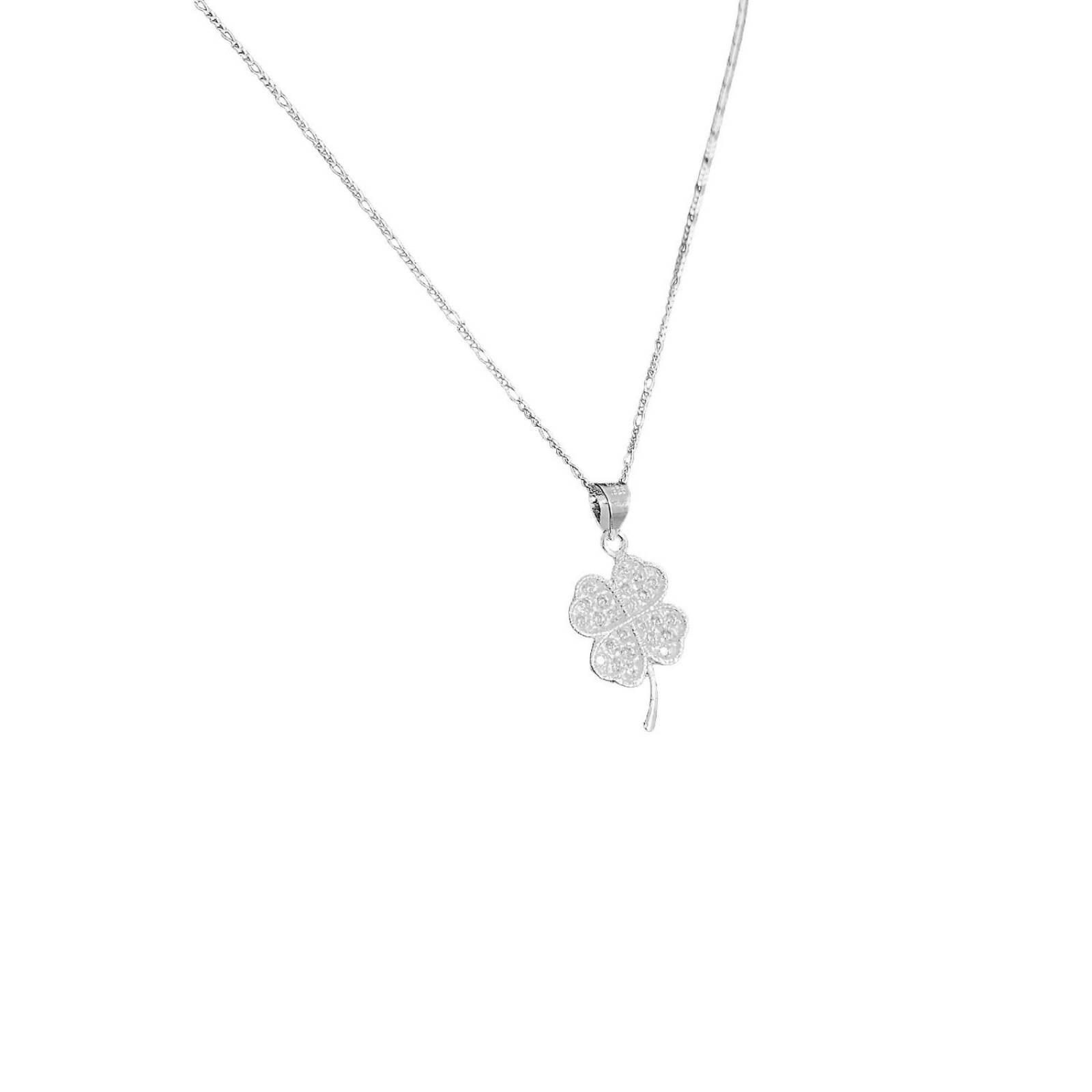 Collar Corazones Trebol 4 hojas Zirconias Plata Ley 925 Blanco Alto / Ancho 3 cm x 1.5 cm 3 cm x 1.5 cm
